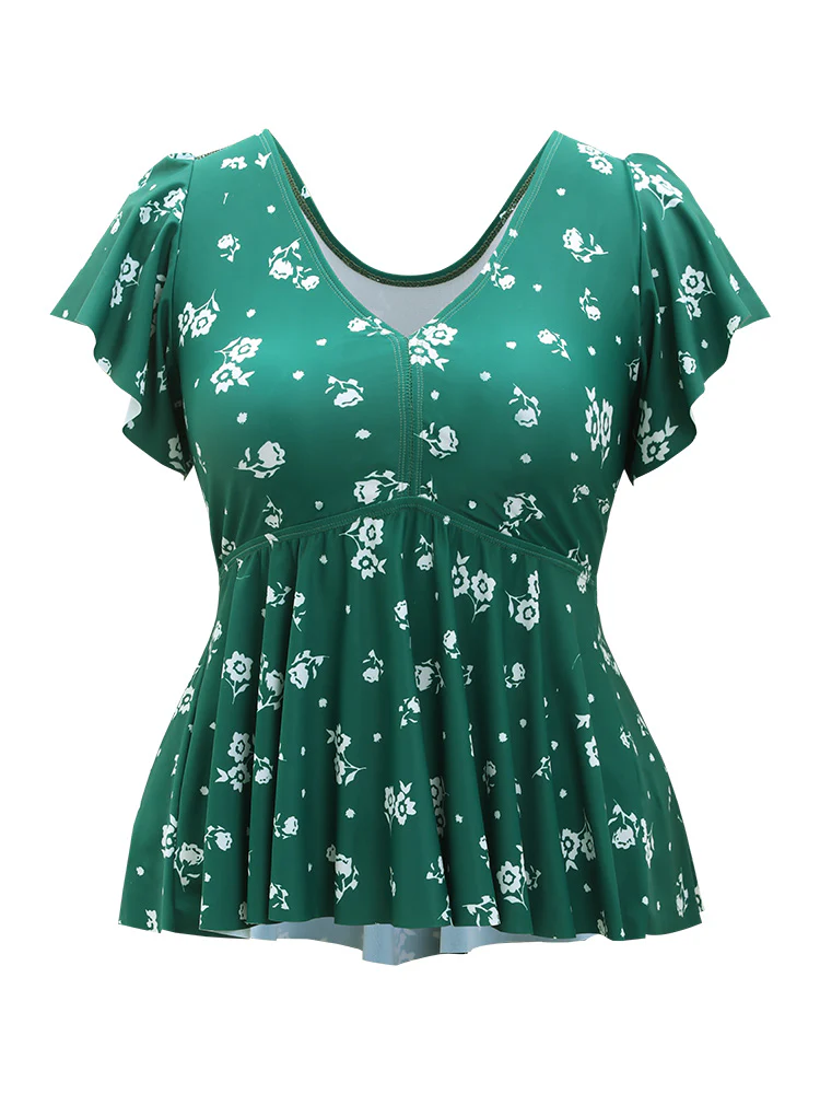Floral Print V Neck Ruffle Sleeve Tankini Top - Image 8