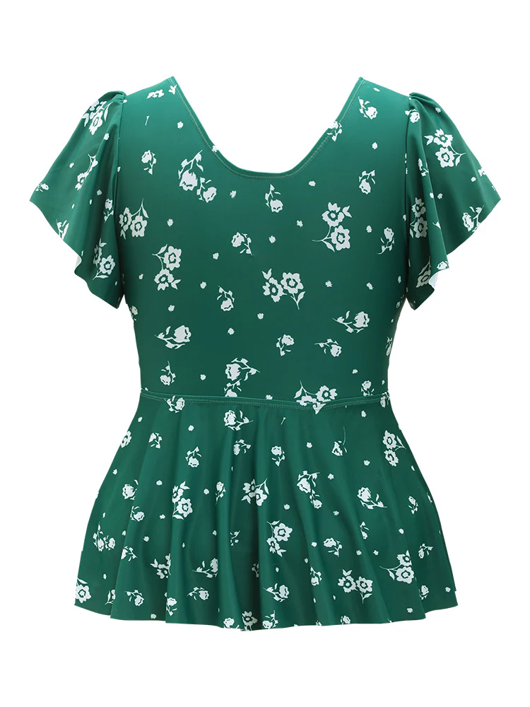 Floral Print V Neck Ruffle Sleeve Tankini Top - Image 9