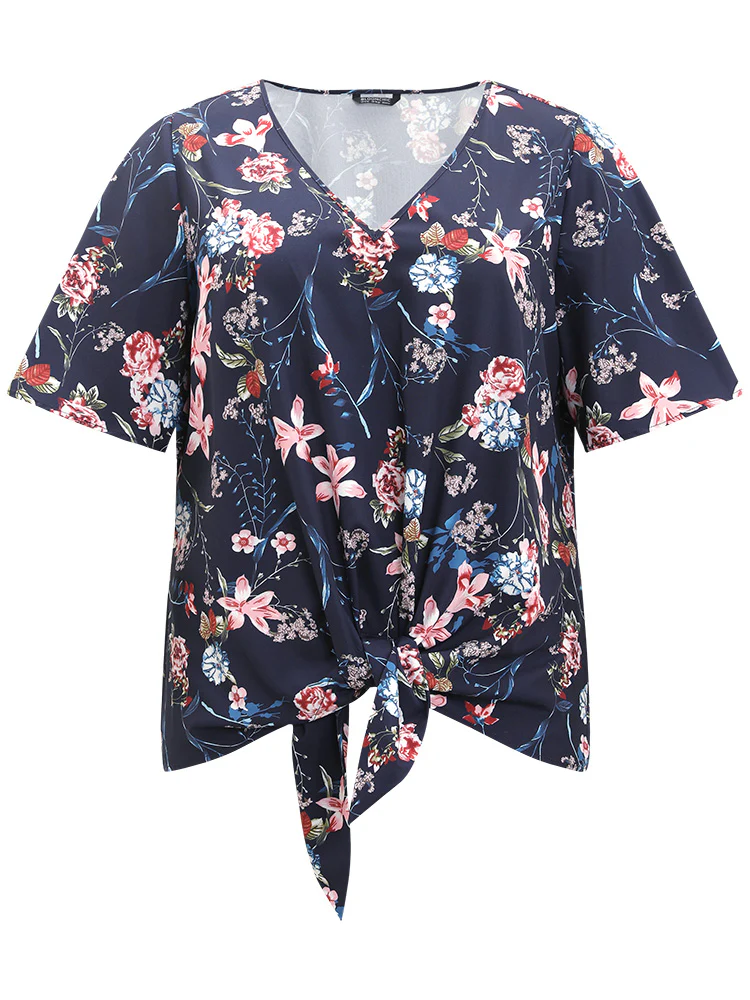 Floral Print V Neck Ruffle Sleeve Twist Hem Blouse - Image 9
