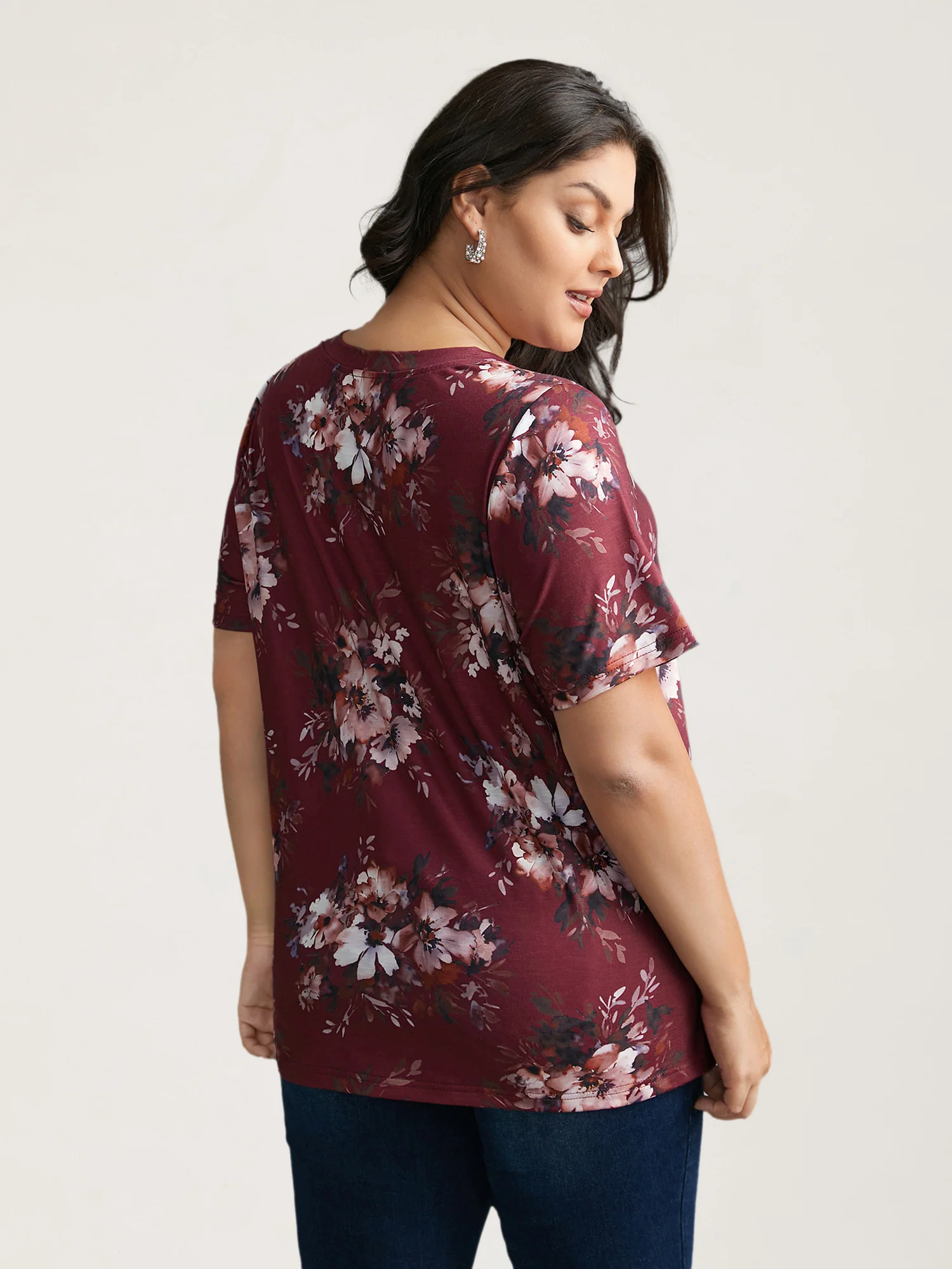 Floral Print V Neck Stretchy T-shirt - Image 2