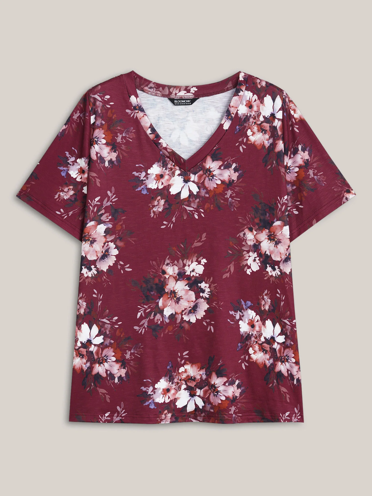 Floral Print V Neck Stretchy T-shirt - Image 7