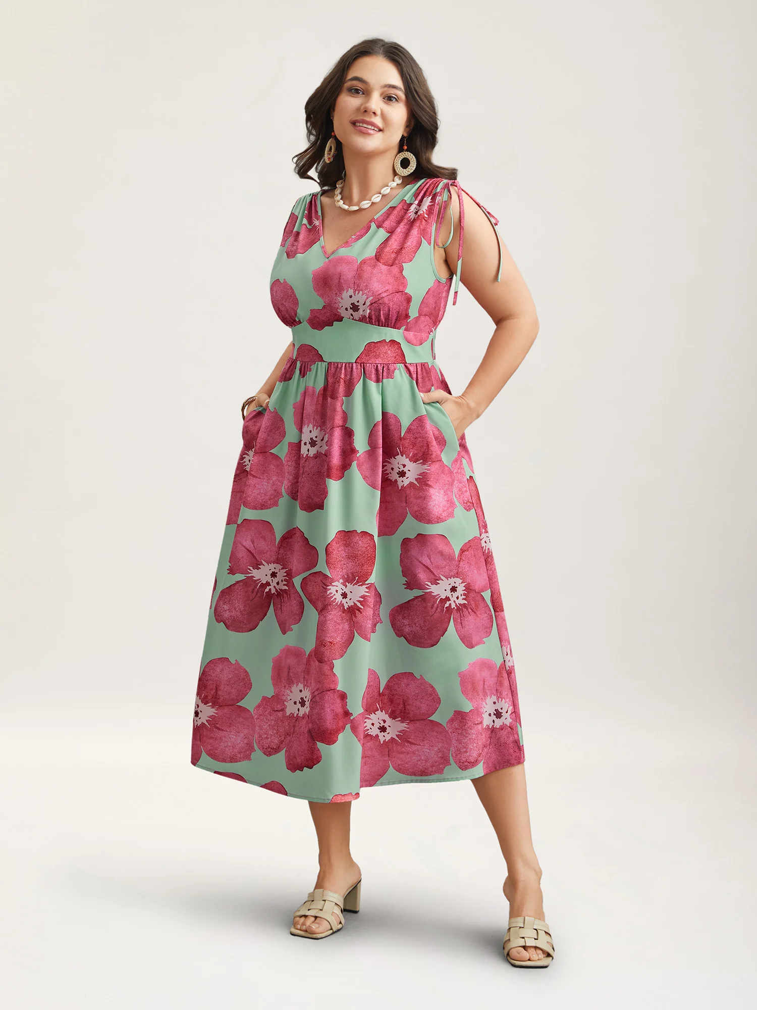 Floral Print V-Neck Tied Midi Dress - Image 2