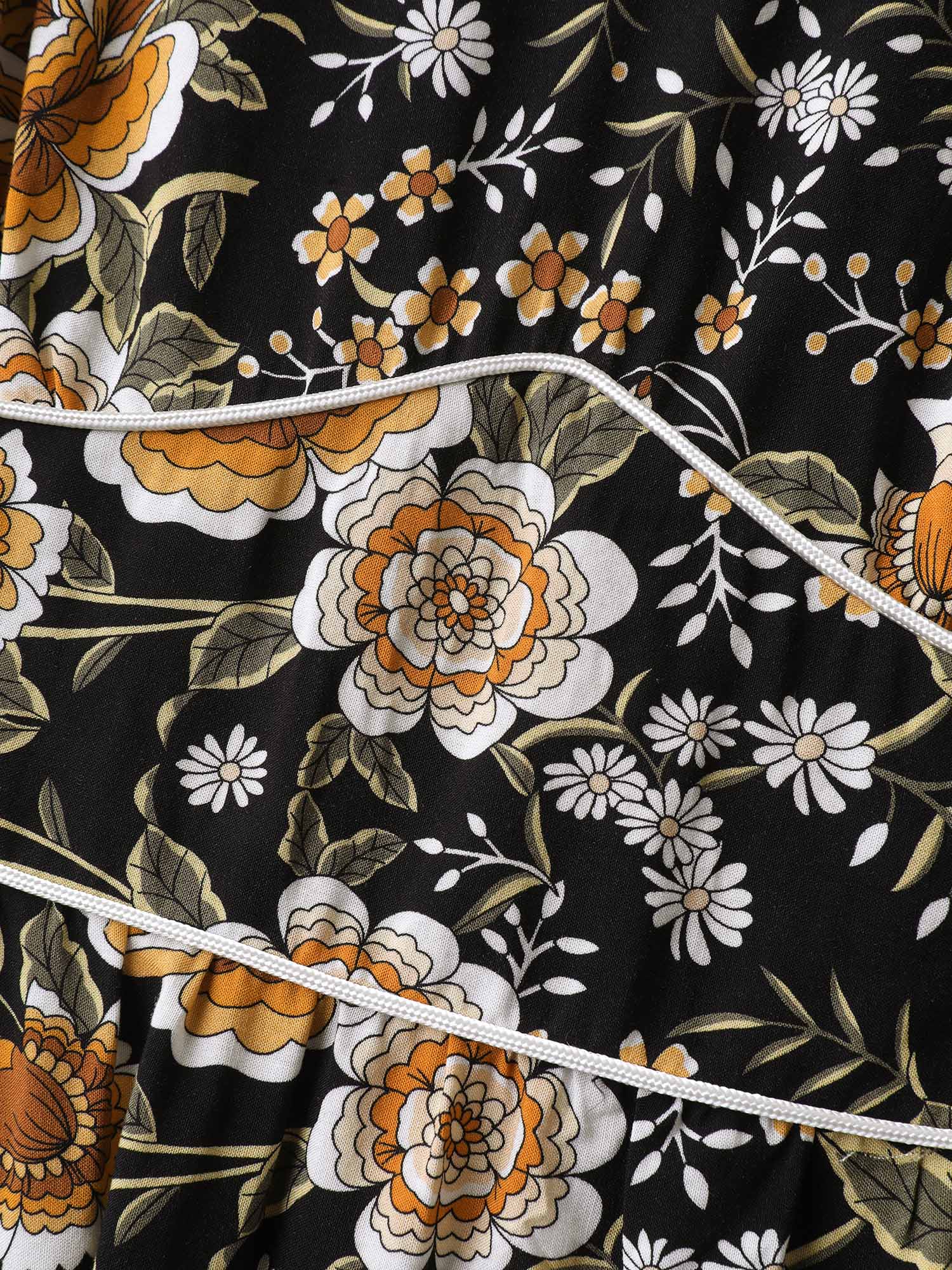 Floral Print Waist-Cinched Contrast Midi Dress - Image 5