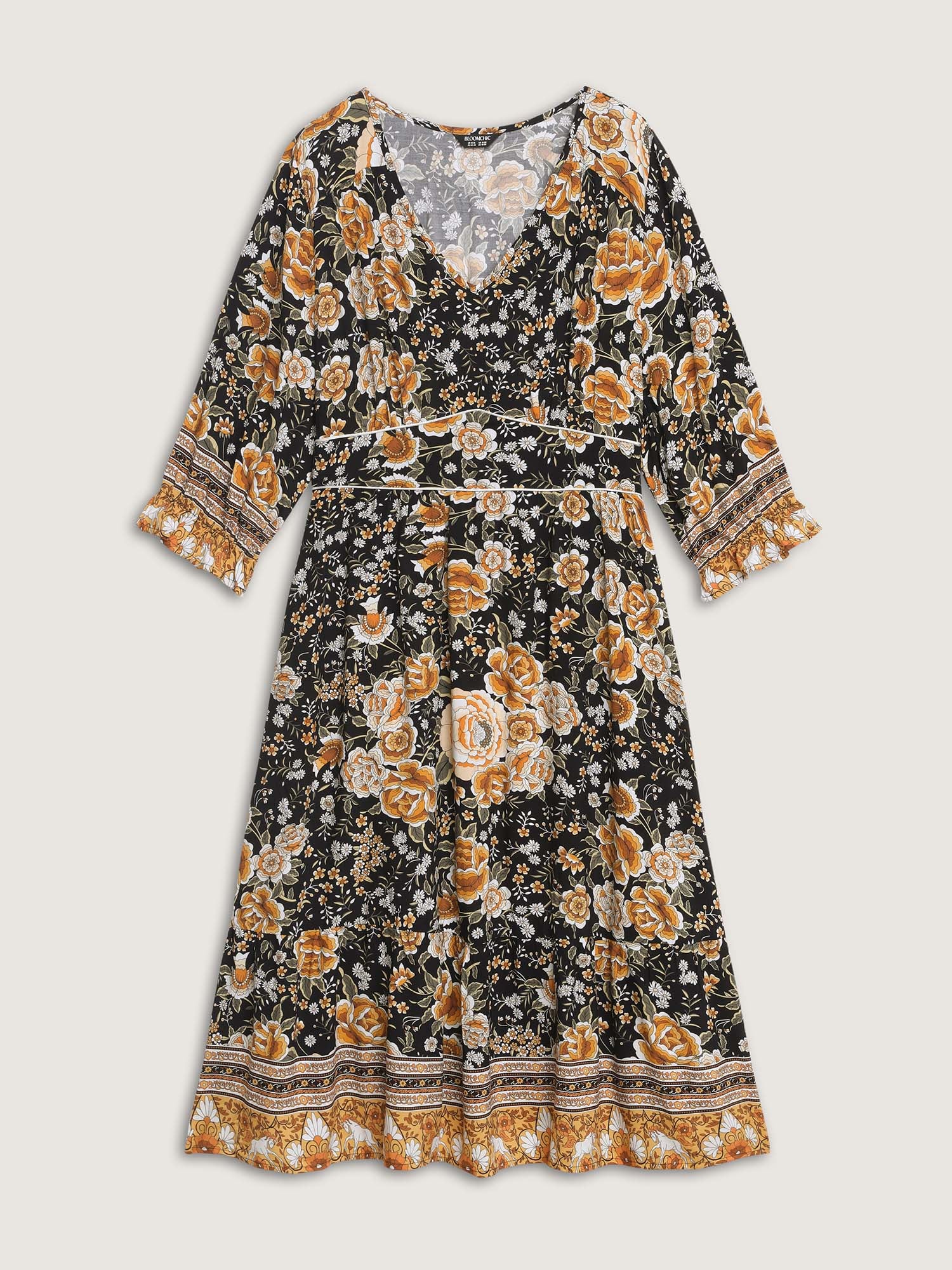 Floral Print Waist-Cinched Contrast Midi Dress - Image 7