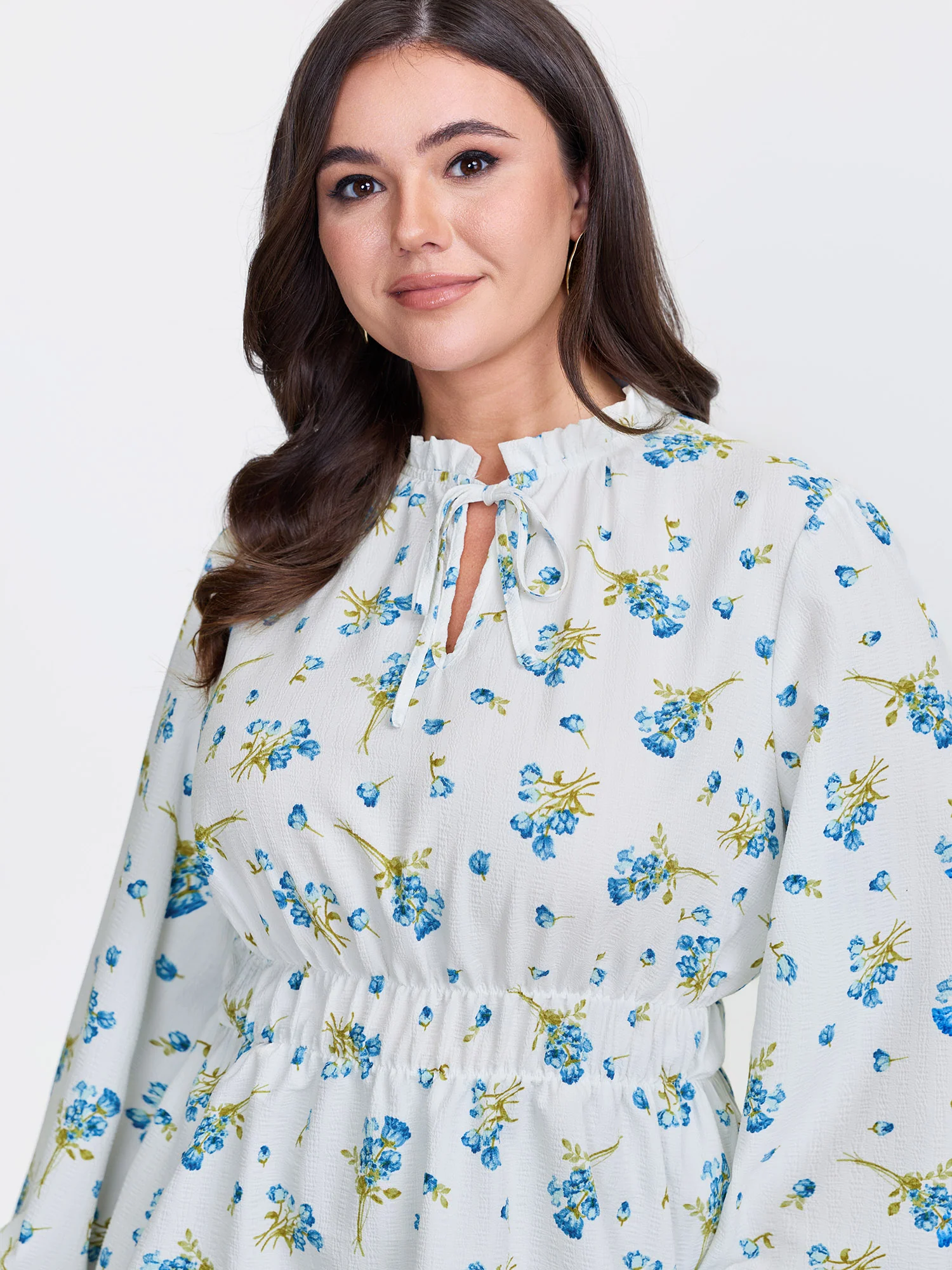 Floral Print Waist Defining Neck Tie Blouse - Image 3