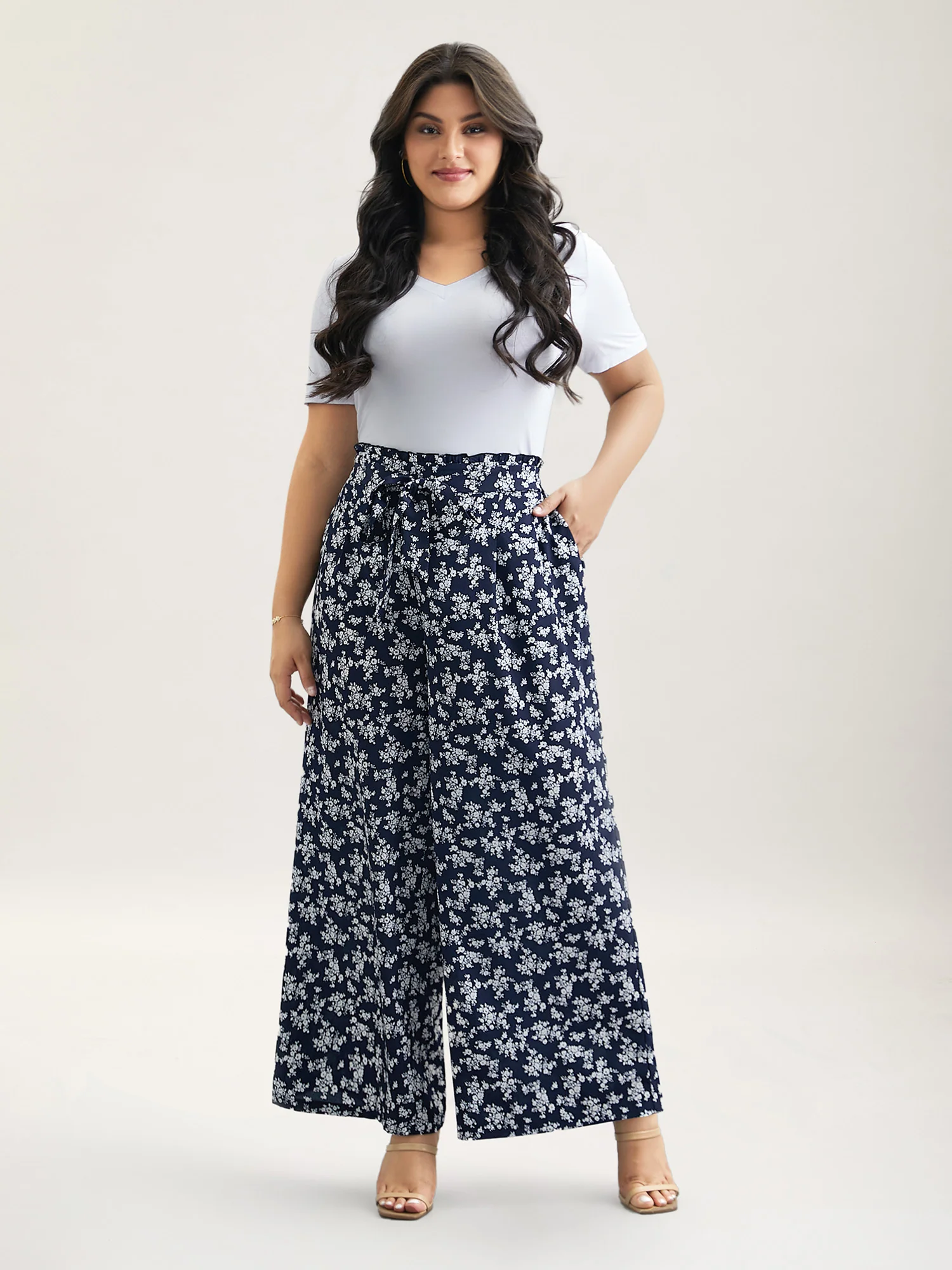 Floral Print Waist Stretchy Wide Leg Pants - Image 2