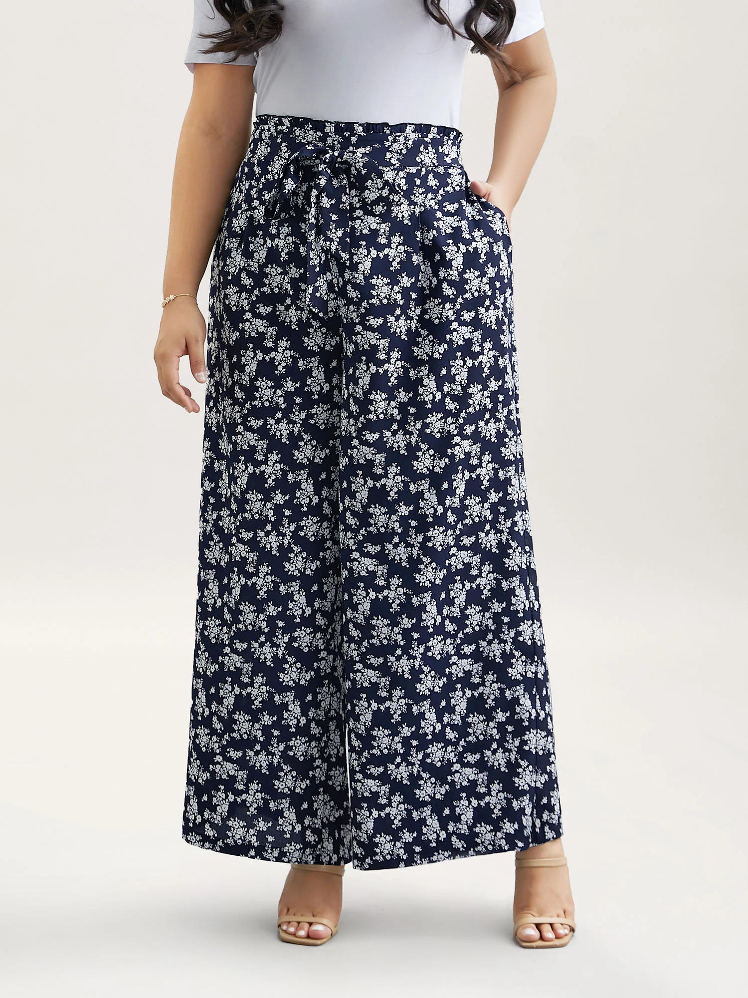 Floral Print Waist Stretchy Wide Leg Pants - Image 4