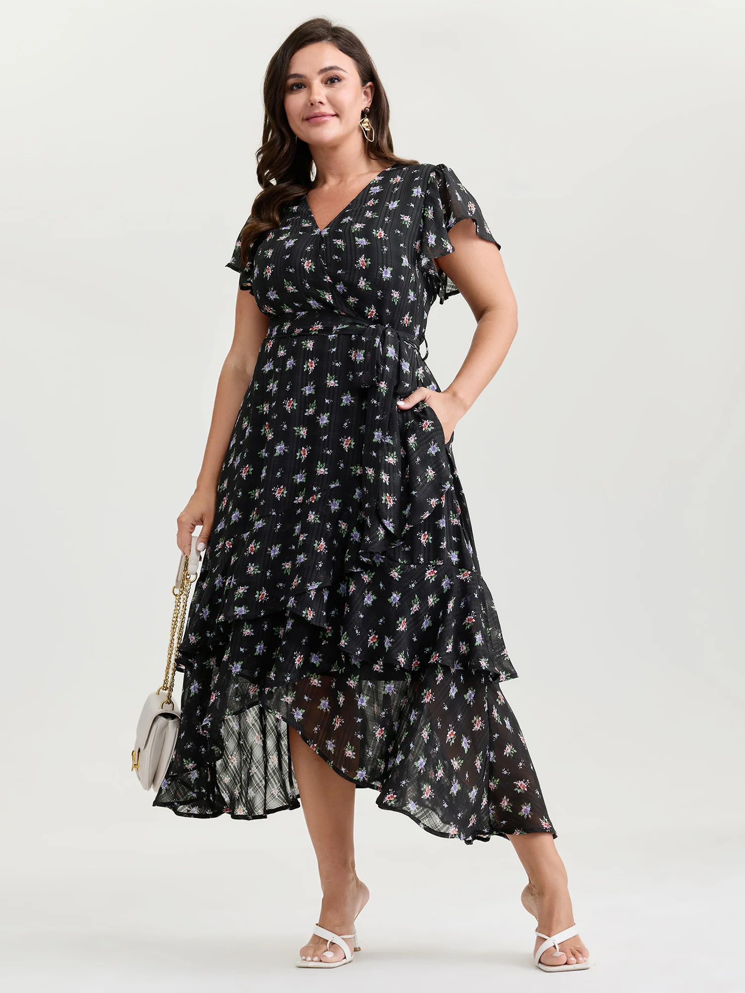 Floral Print Waist-Tie High Low Hem Midi Dress - Image 3