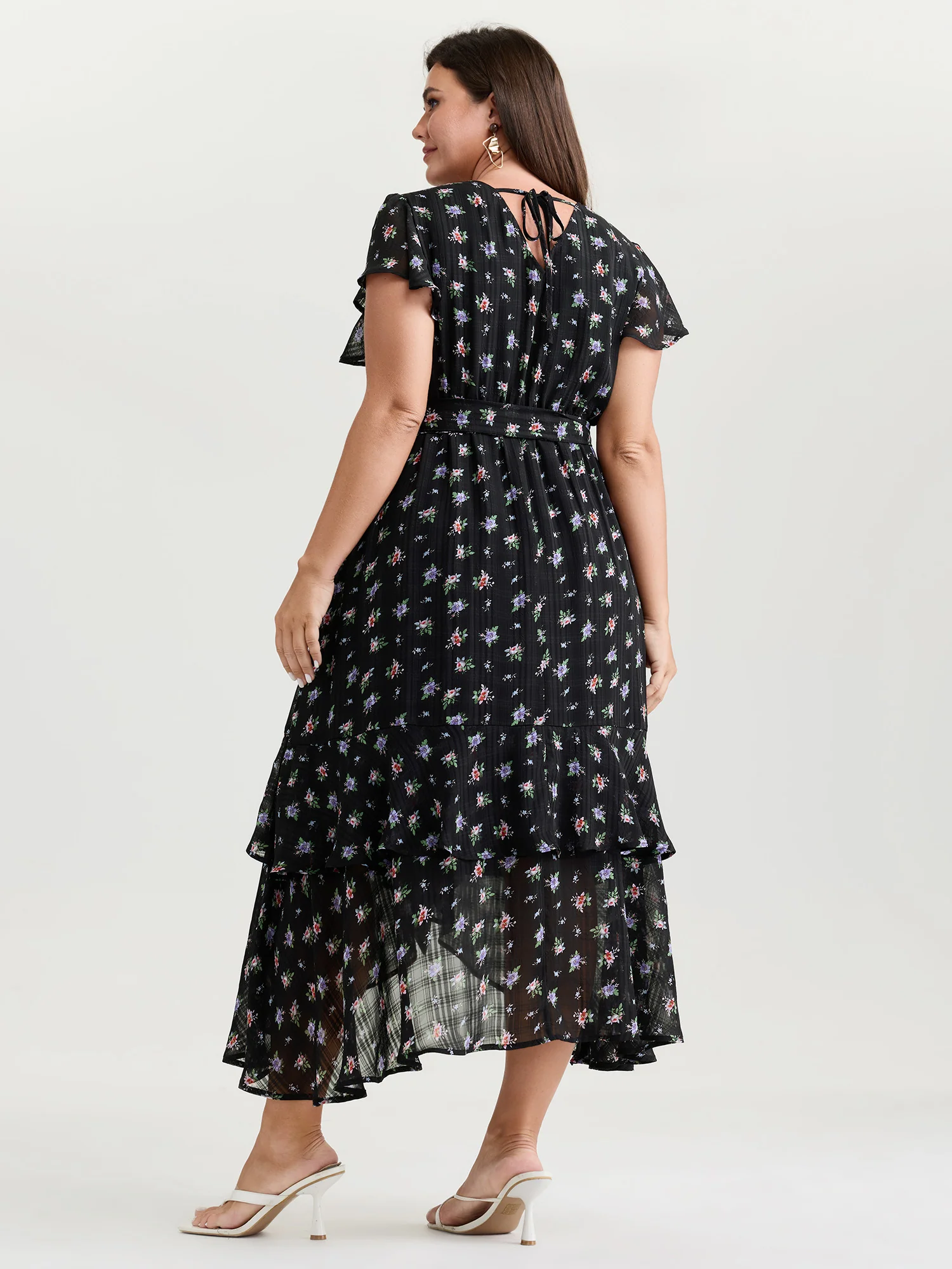Floral Print Waist-Tie High Low Hem Midi Dress - Image 4