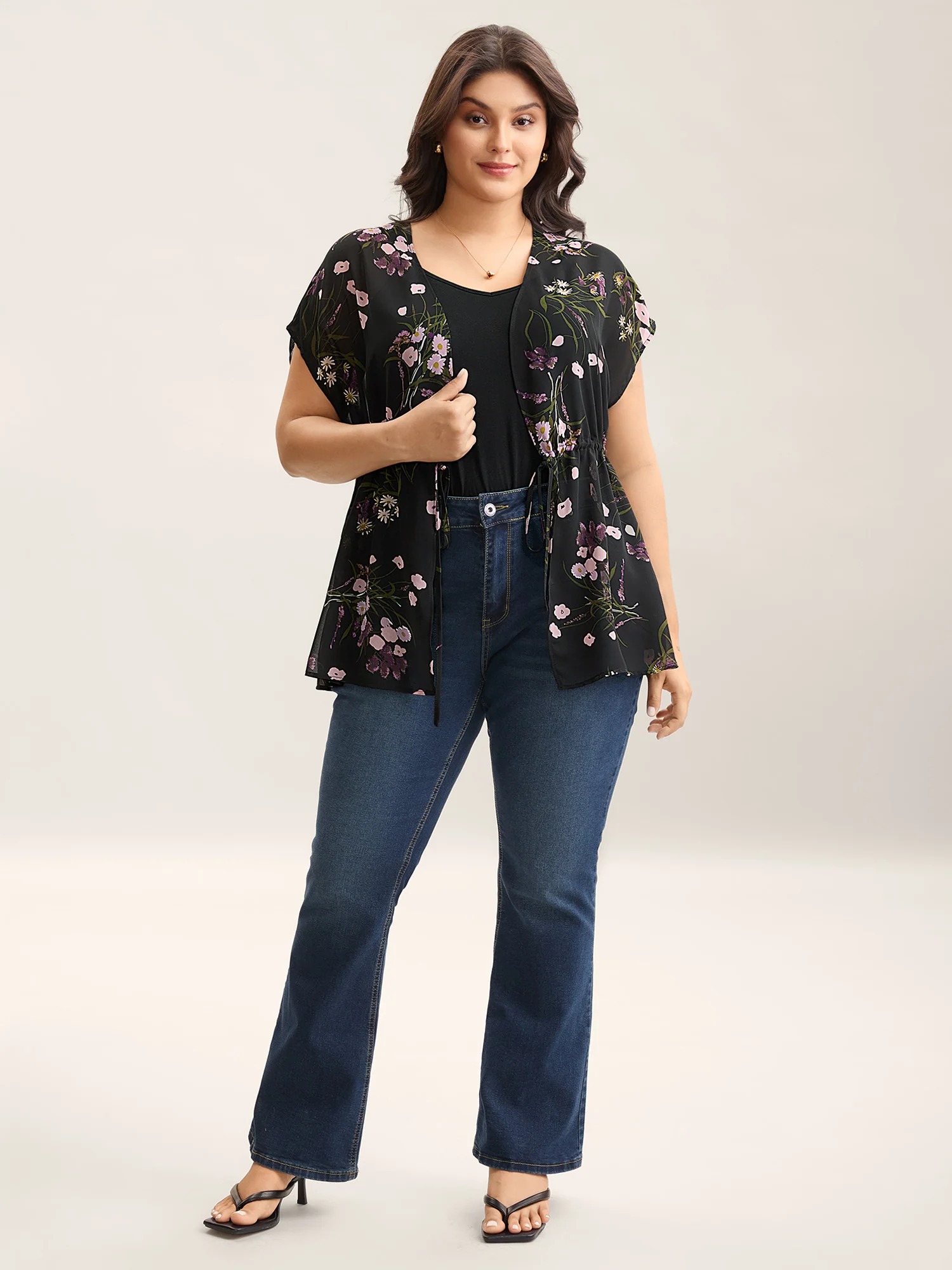 Floral Print Waist-Tie Mini Kimono - Image 2