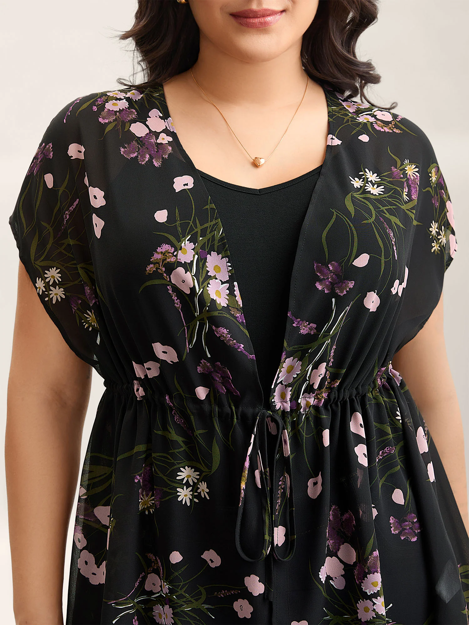 Floral Print Waist-Tie Mini Kimono - Image 3