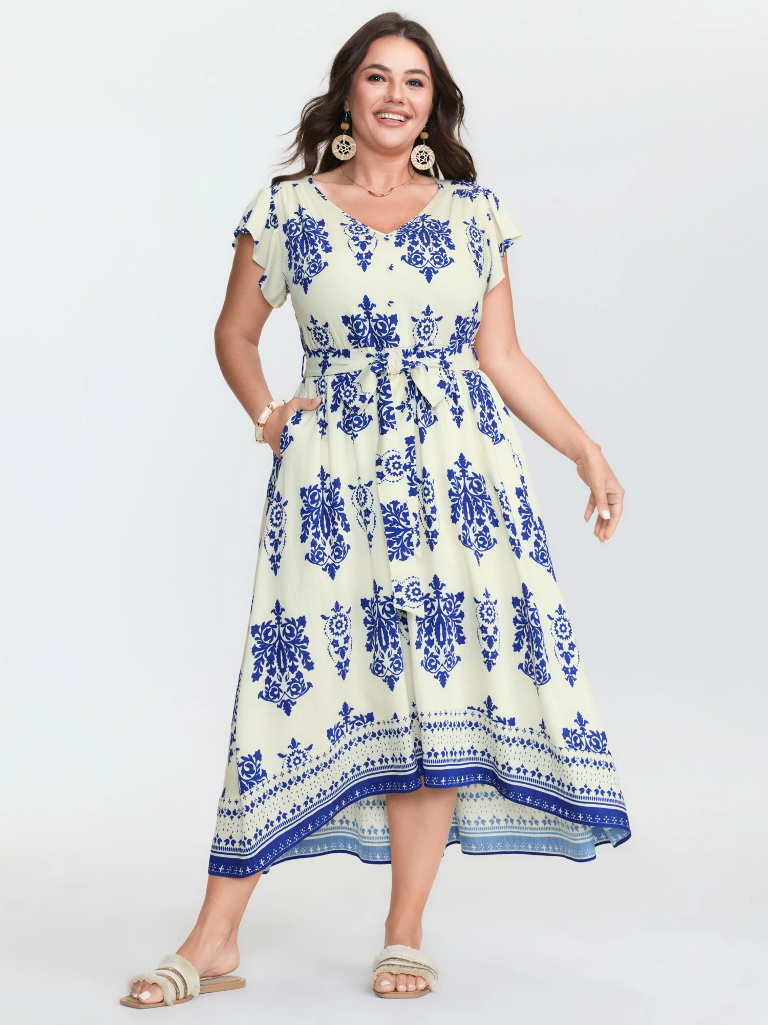 Floral Print Waist-Tie Pockets Midi Dress - Image 2