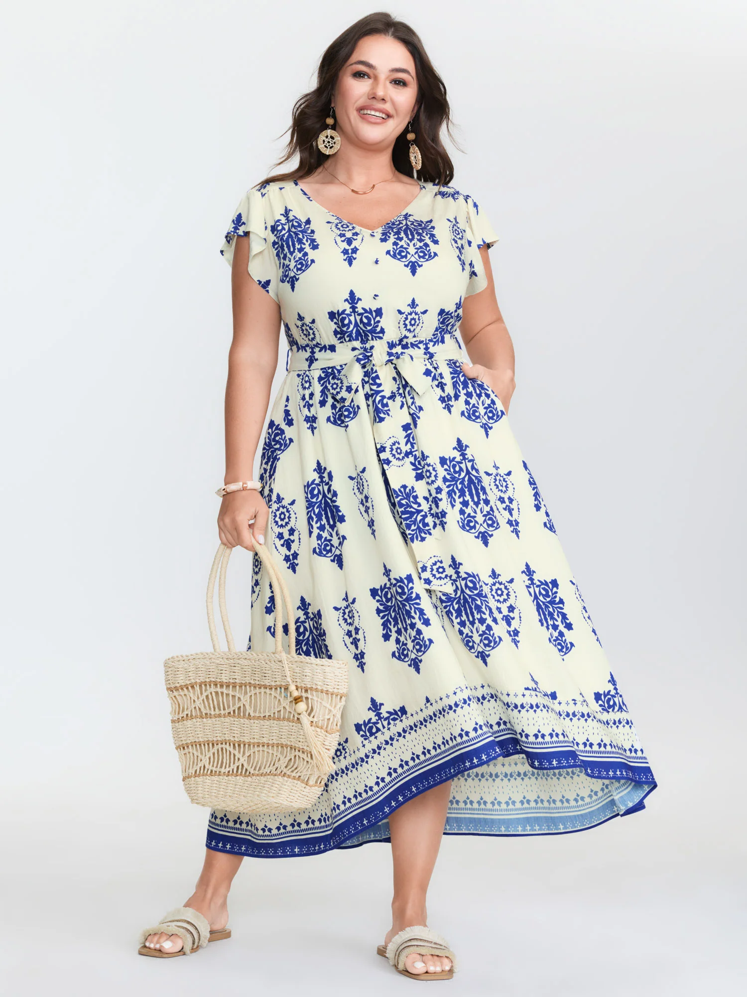 Floral Print Waist-Tie Pockets Midi Dress - Image 3