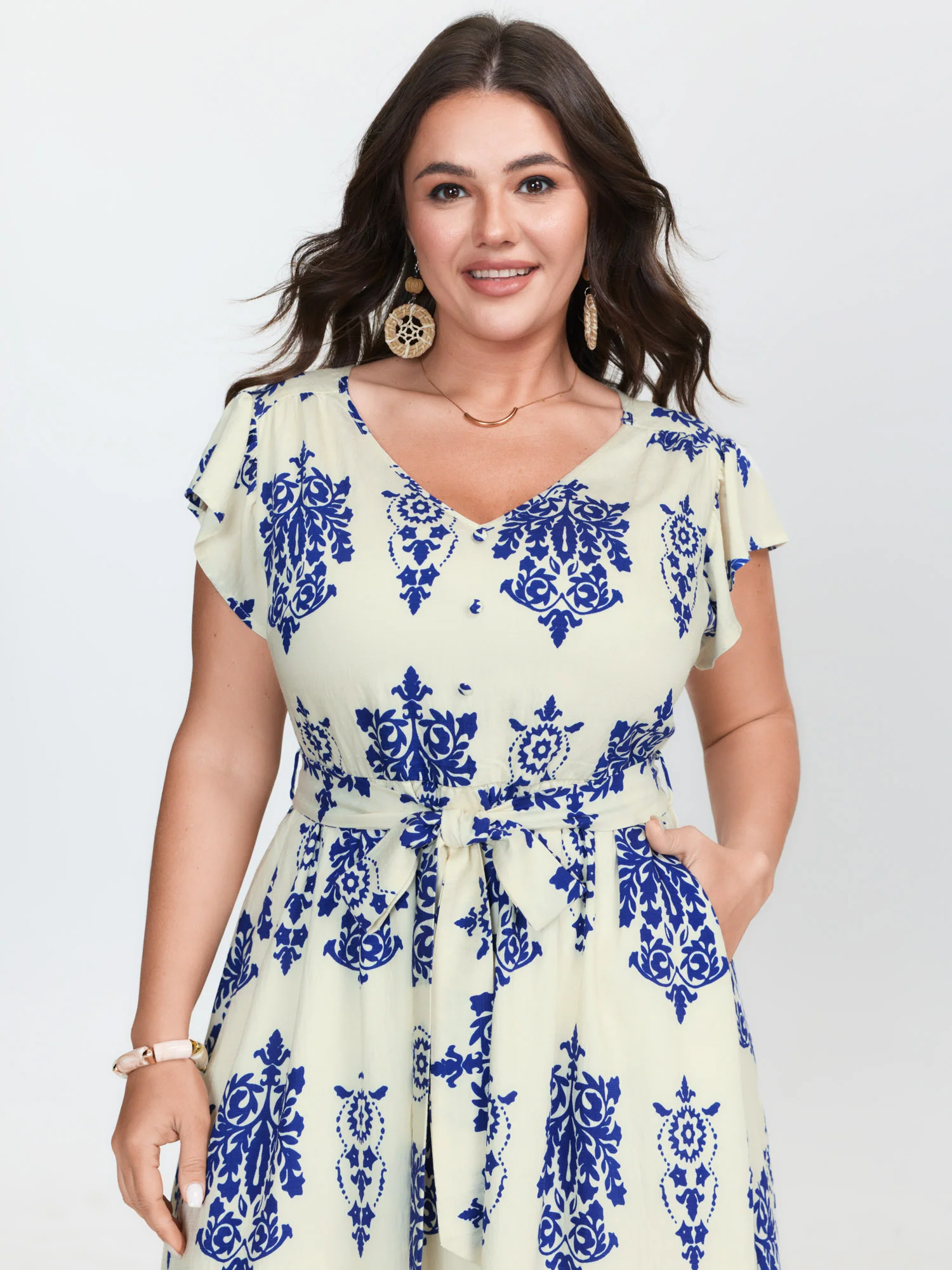 Floral Print Waist-Tie Pockets Midi Dress - Image 4