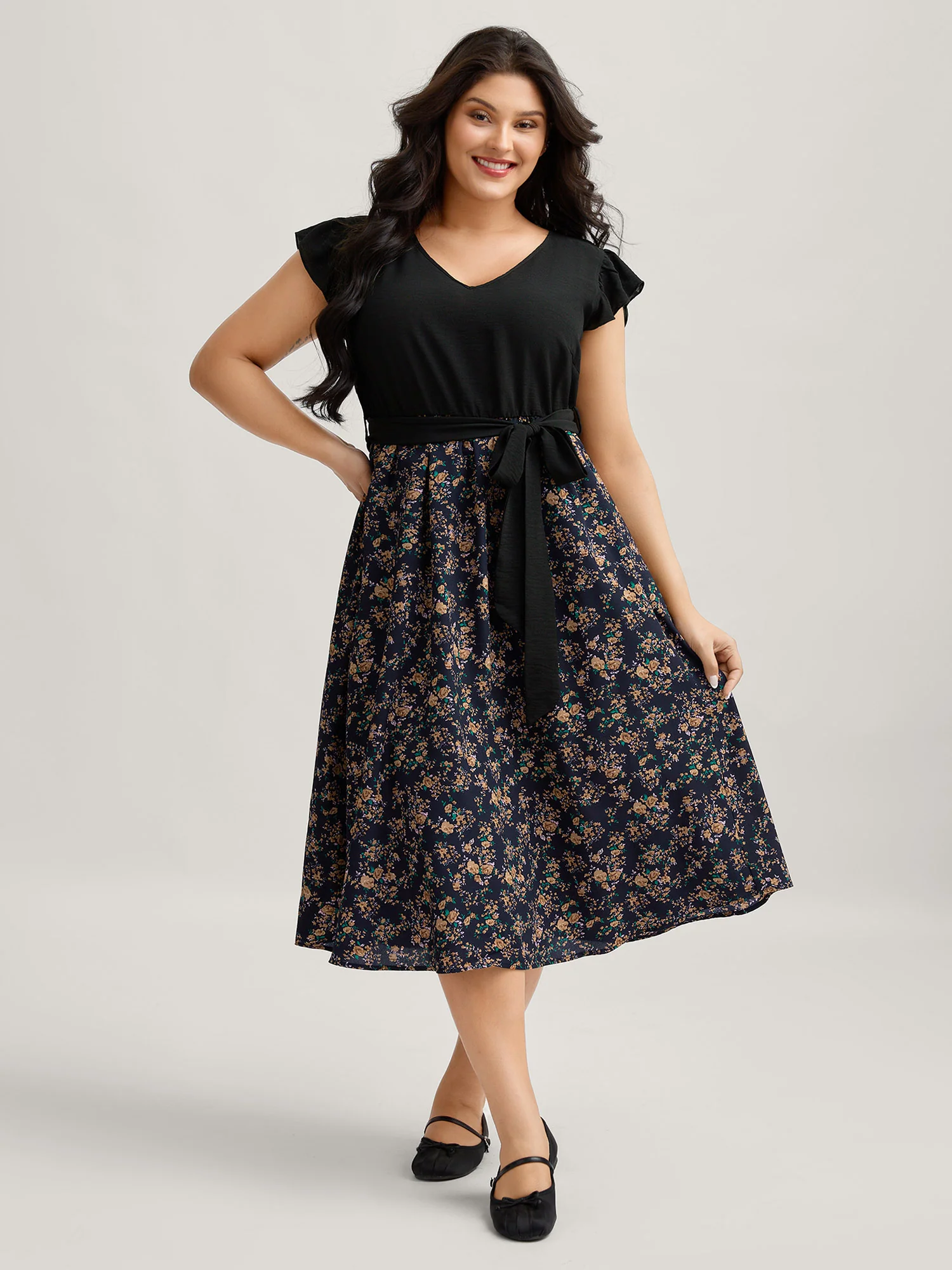 Floral Print Waist-Tie Ruffled Midi Dress - Image 3