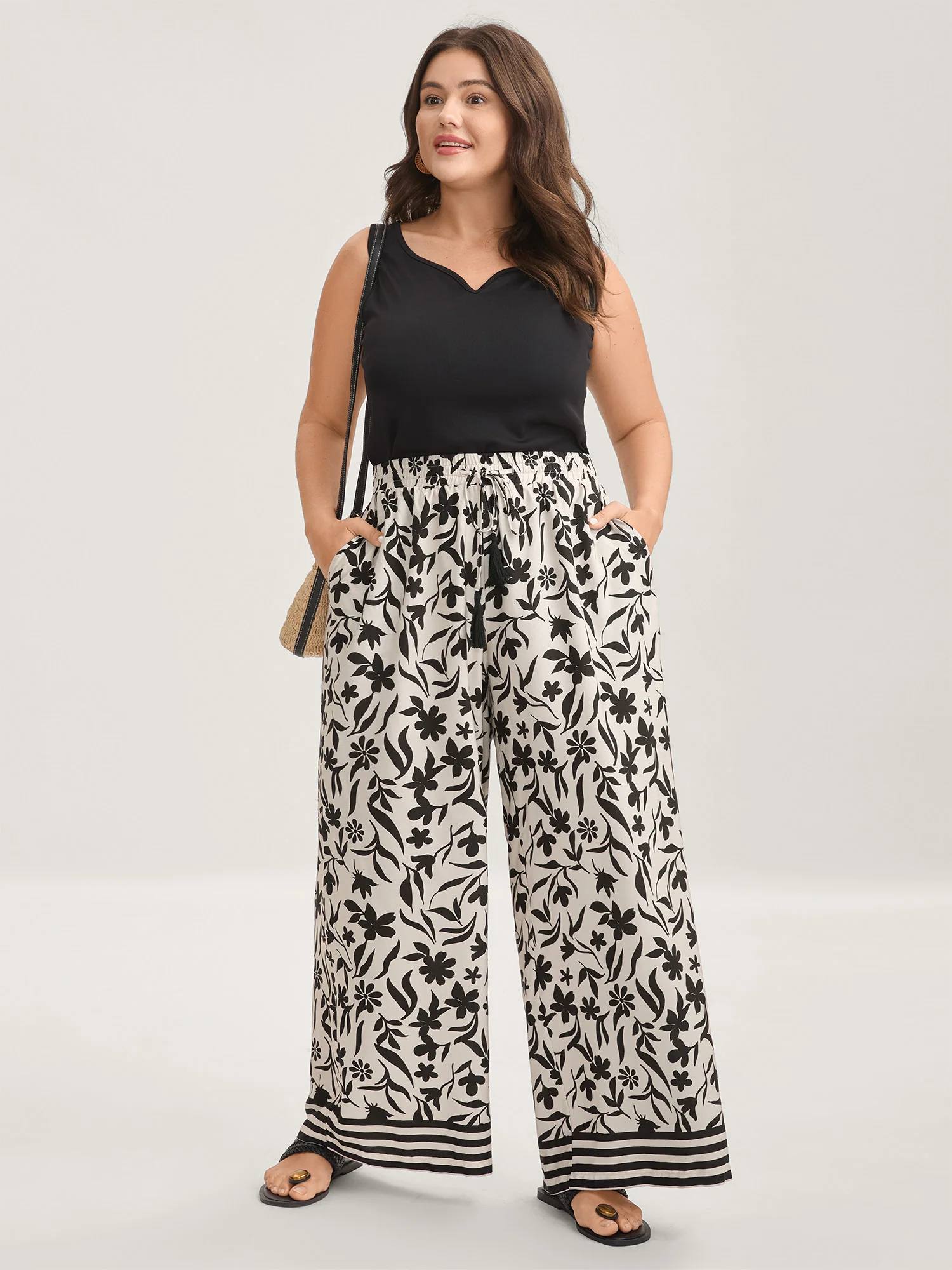 Floral Print Wide-Leg Contrast Pants - Image 2