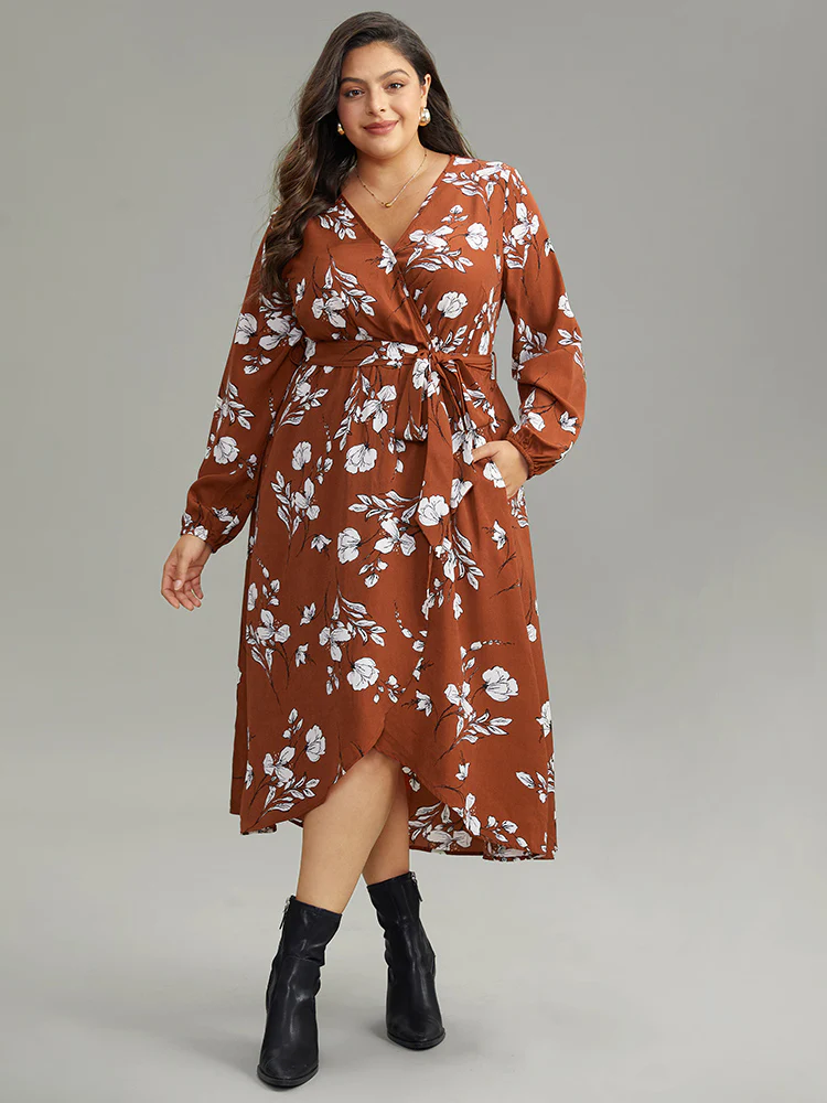 Floral Print Wrap Hem Ties Dress