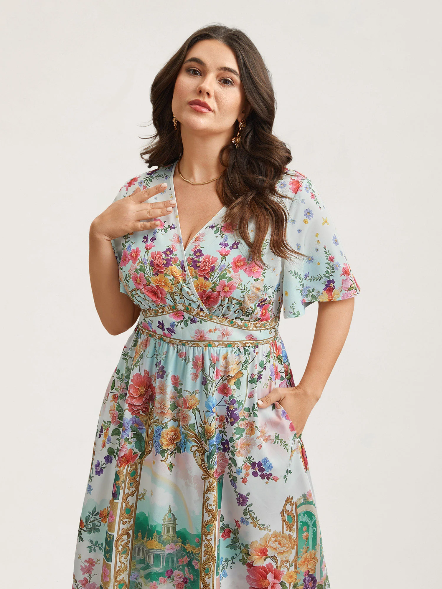Floral Print Wrap-Neck Flared Sleeve Maxi Dress - Image 2