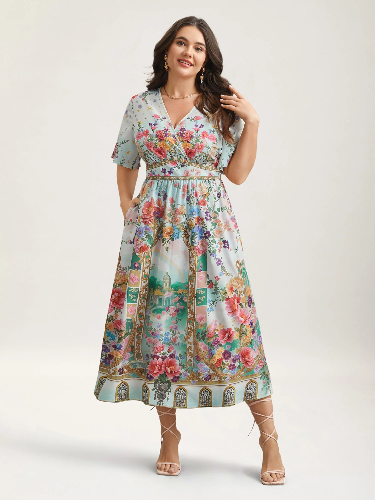 Floral Print Wrap-Neck Flared Sleeve Maxi Dress - Image 3