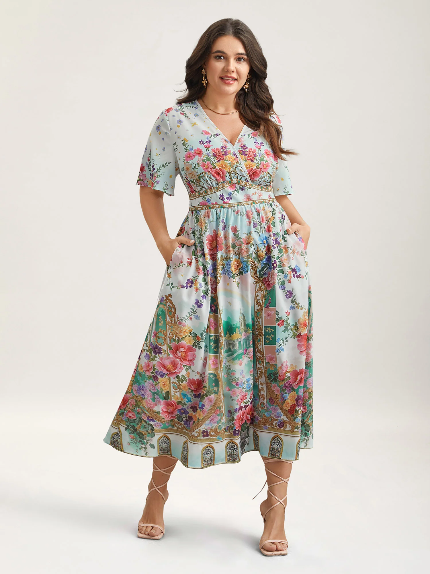 Floral Print Wrap-Neck Flared Sleeve Maxi Dress - Image 4