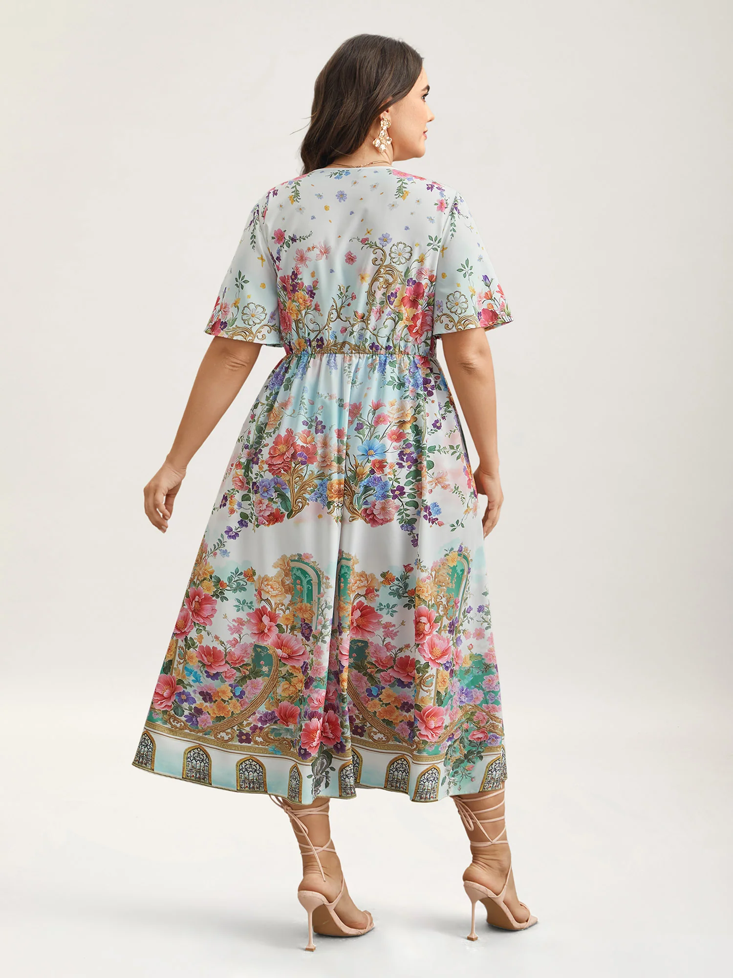 Floral Print Wrap-Neck Flared Sleeve Maxi Dress - Image 5