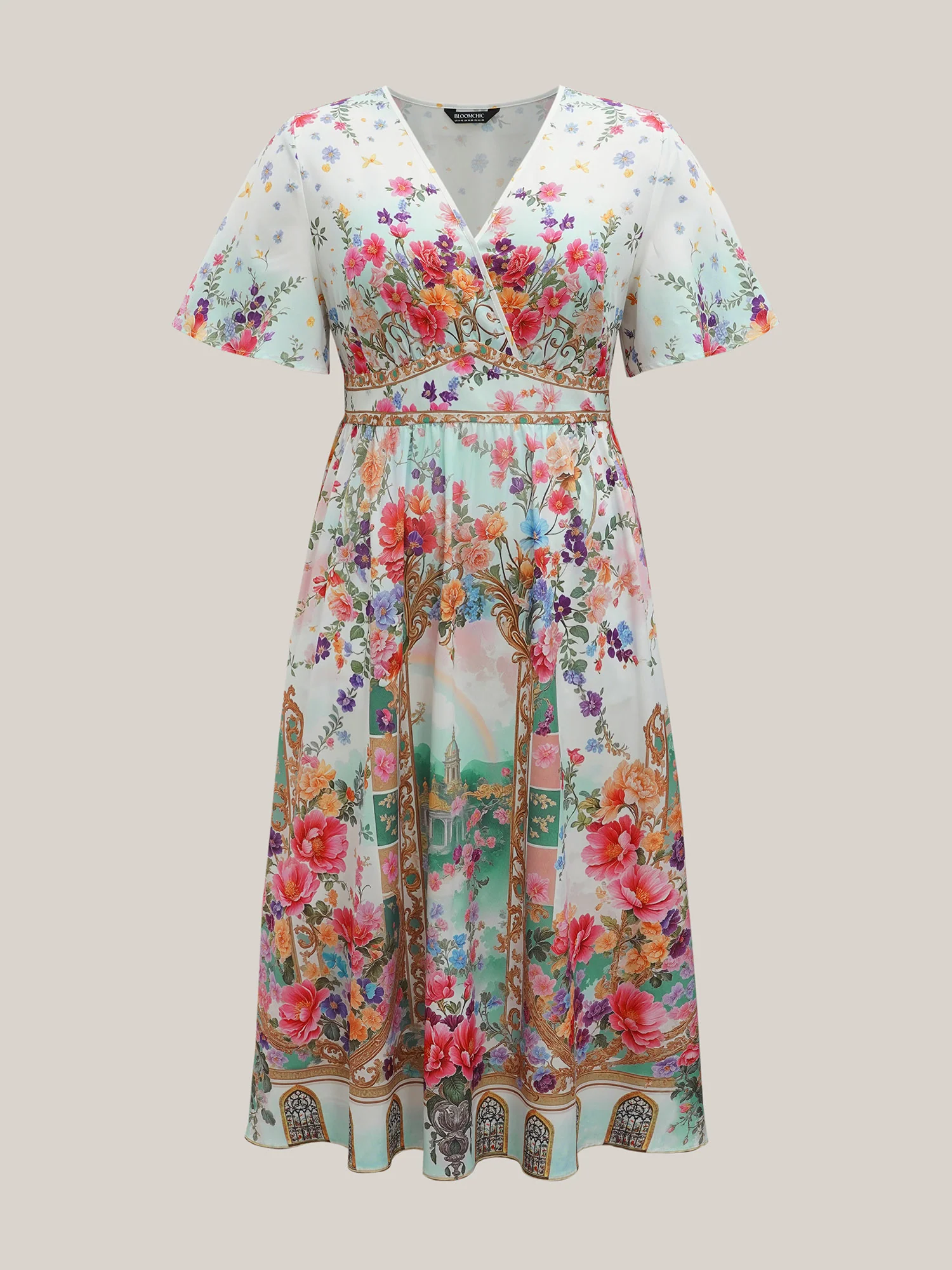 Floral Print Wrap-Neck Flared Sleeve Maxi Dress - Image 8