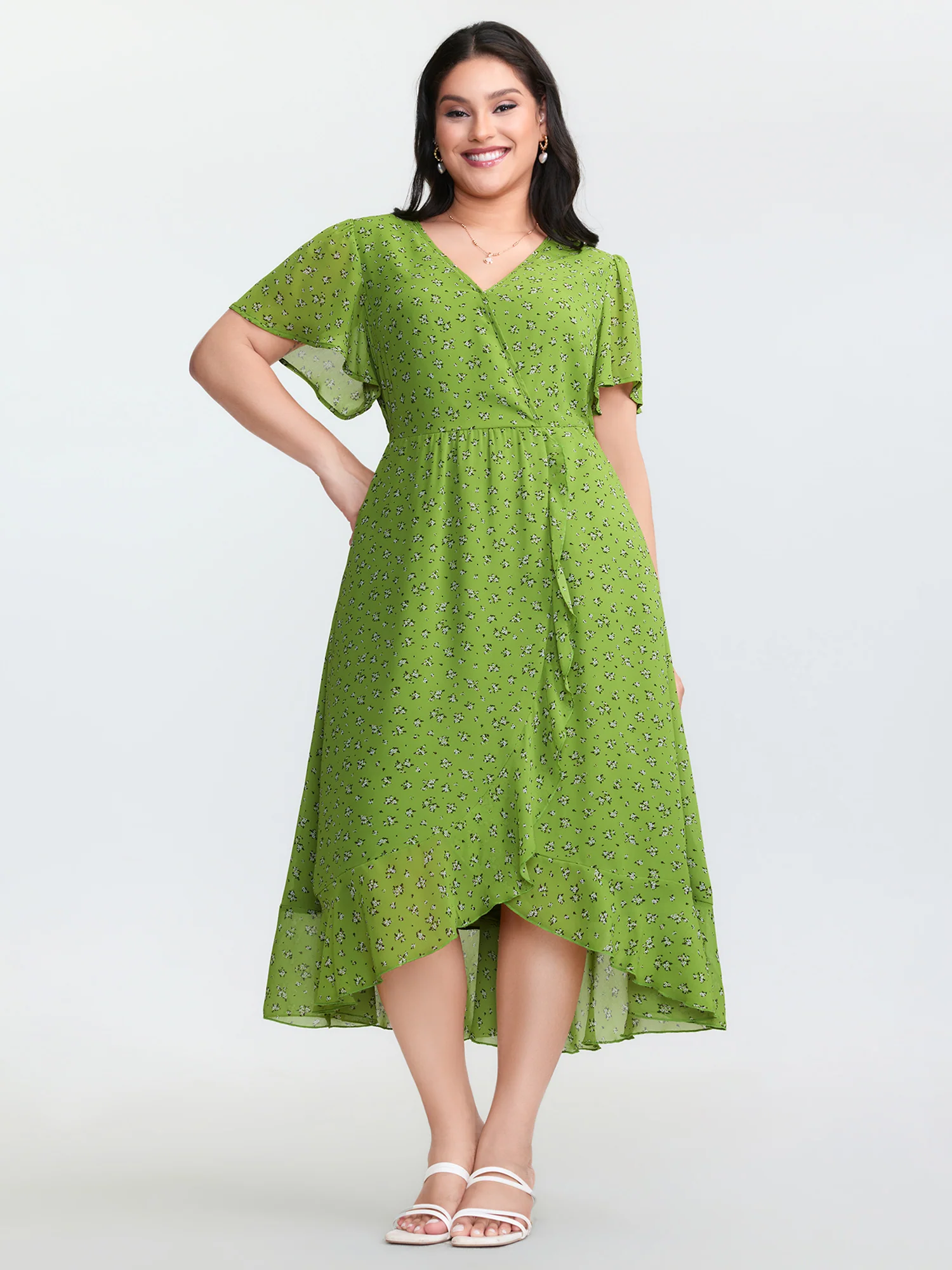 Floral Print Wrap Neck Ruffled Edge Midi Dress - Image 3