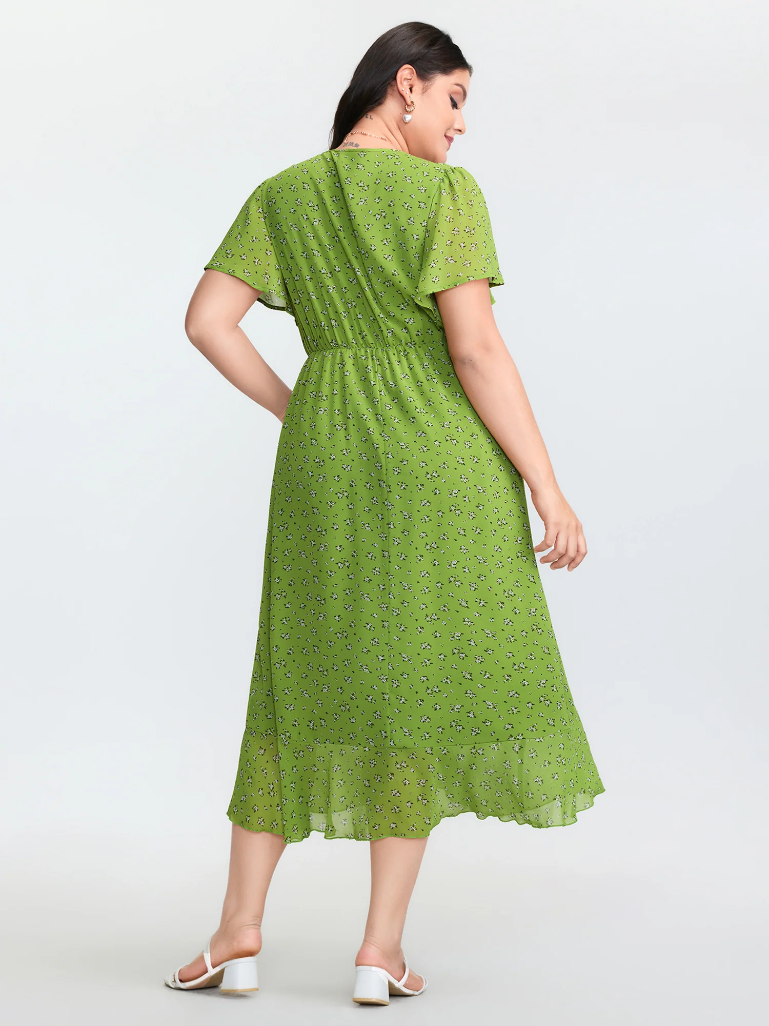 Floral Print Wrap Neck Ruffled Edge Midi Dress - Image 4