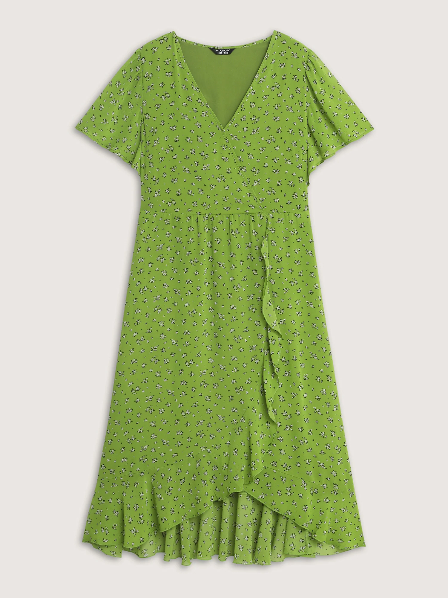 Floral Print Wrap Neck Ruffled Edge Midi Dress - Image 7