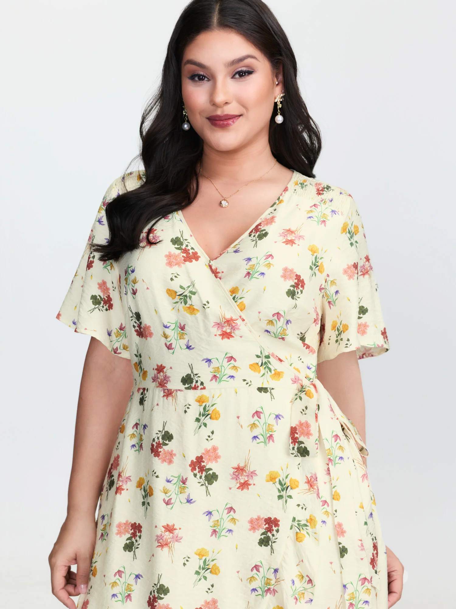 Floral Print Wrap Neckline Pockets Midi Dress - Image 2
