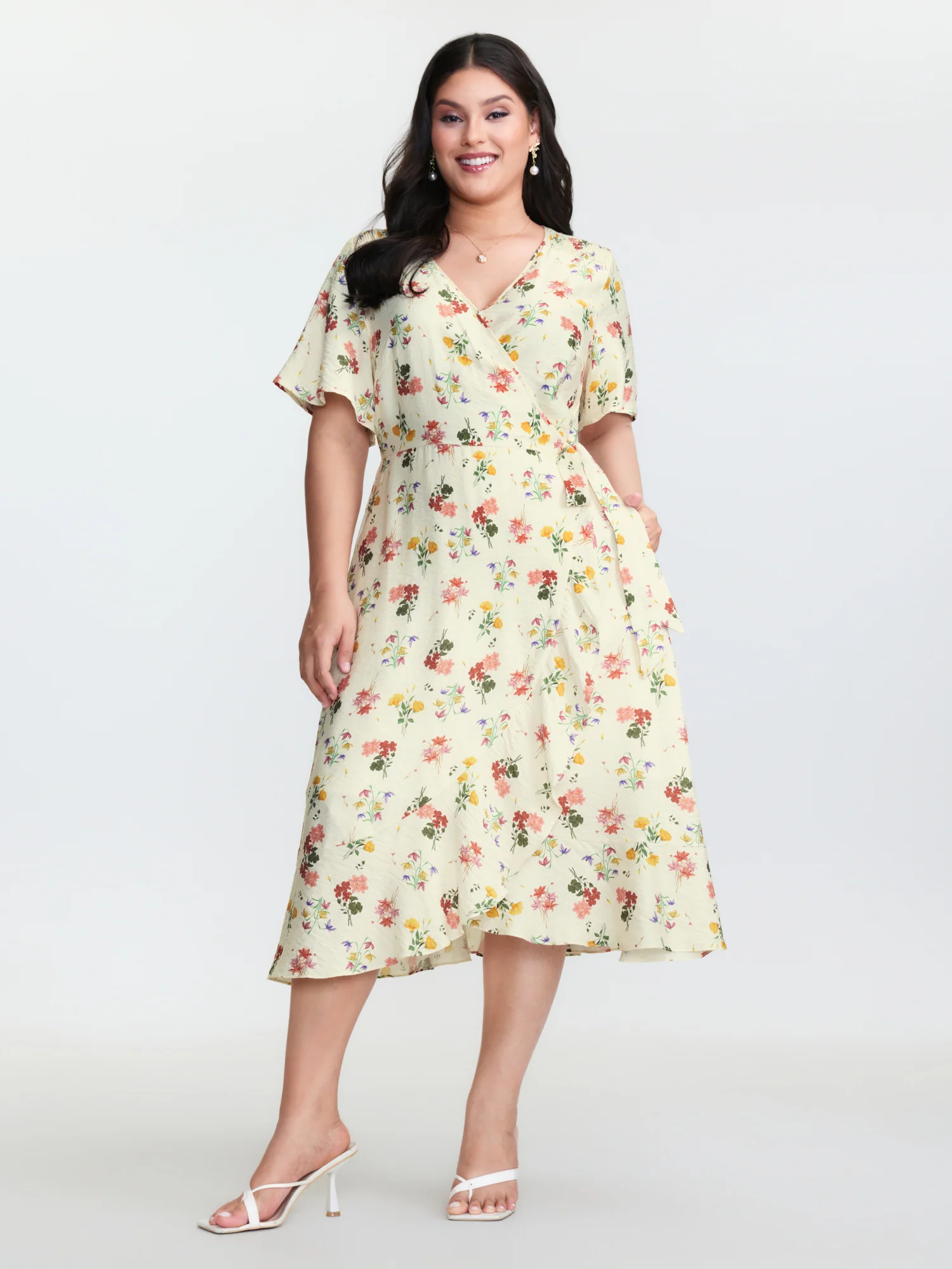 Floral Print Wrap Neckline Pockets Midi Dress - Image 3