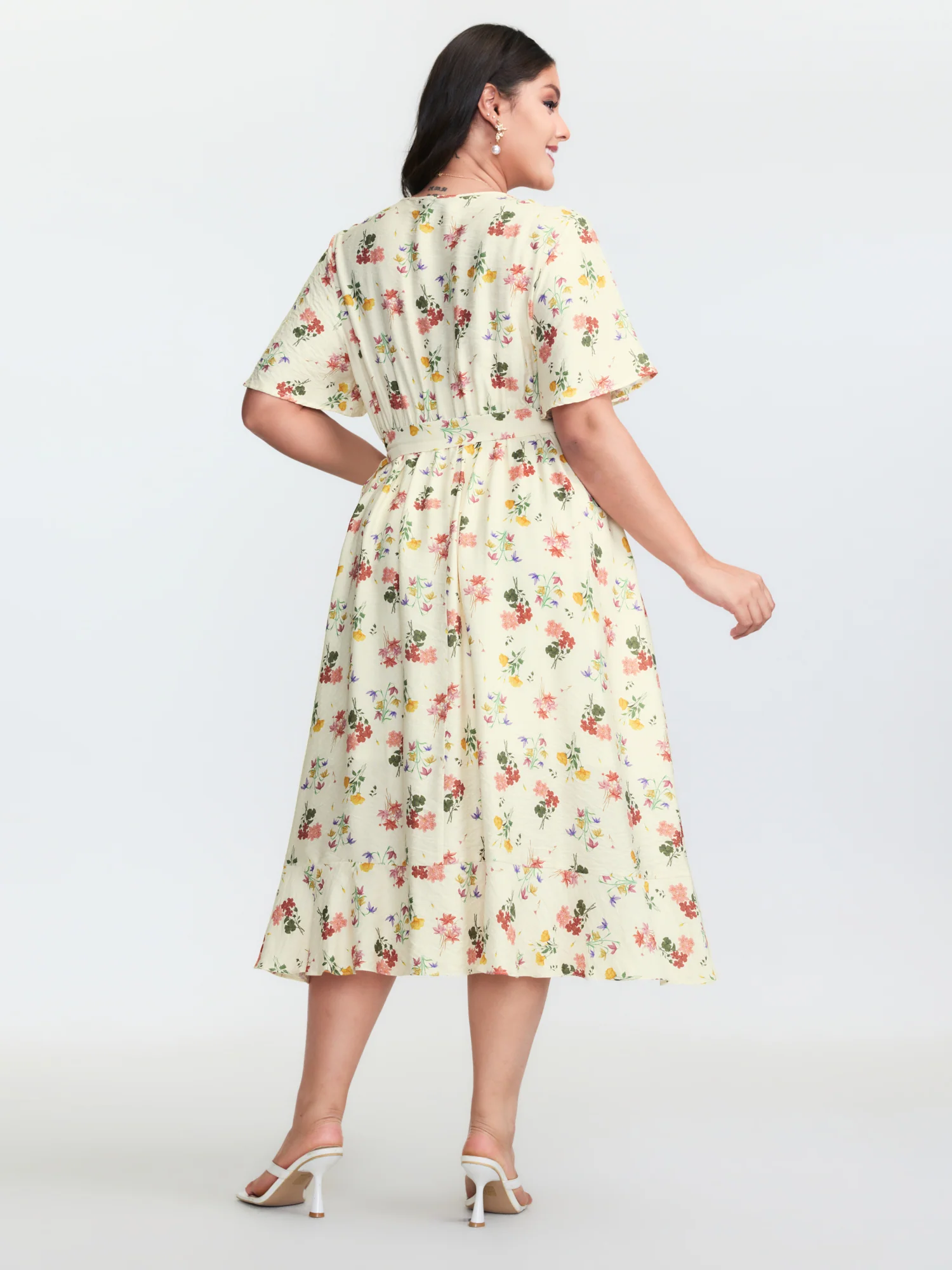 Floral Print Wrap Neckline Pockets Midi Dress - Image 4