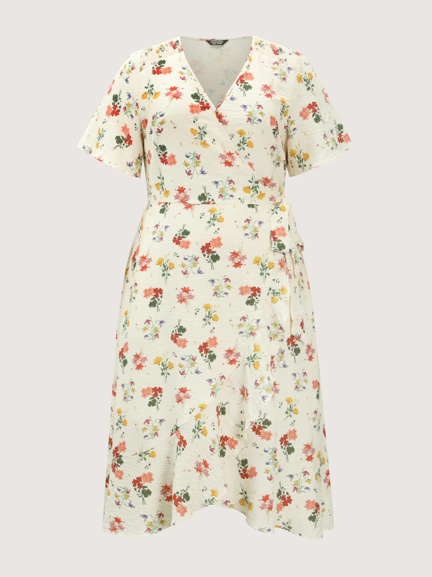 Floral Print Wrap Neckline Pockets Midi Dress - Image 7