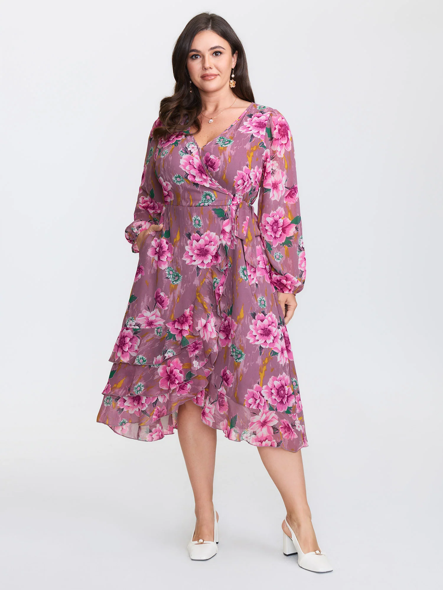 Floral Print Wrap Neckline Pockets Midi Dress - Image 2