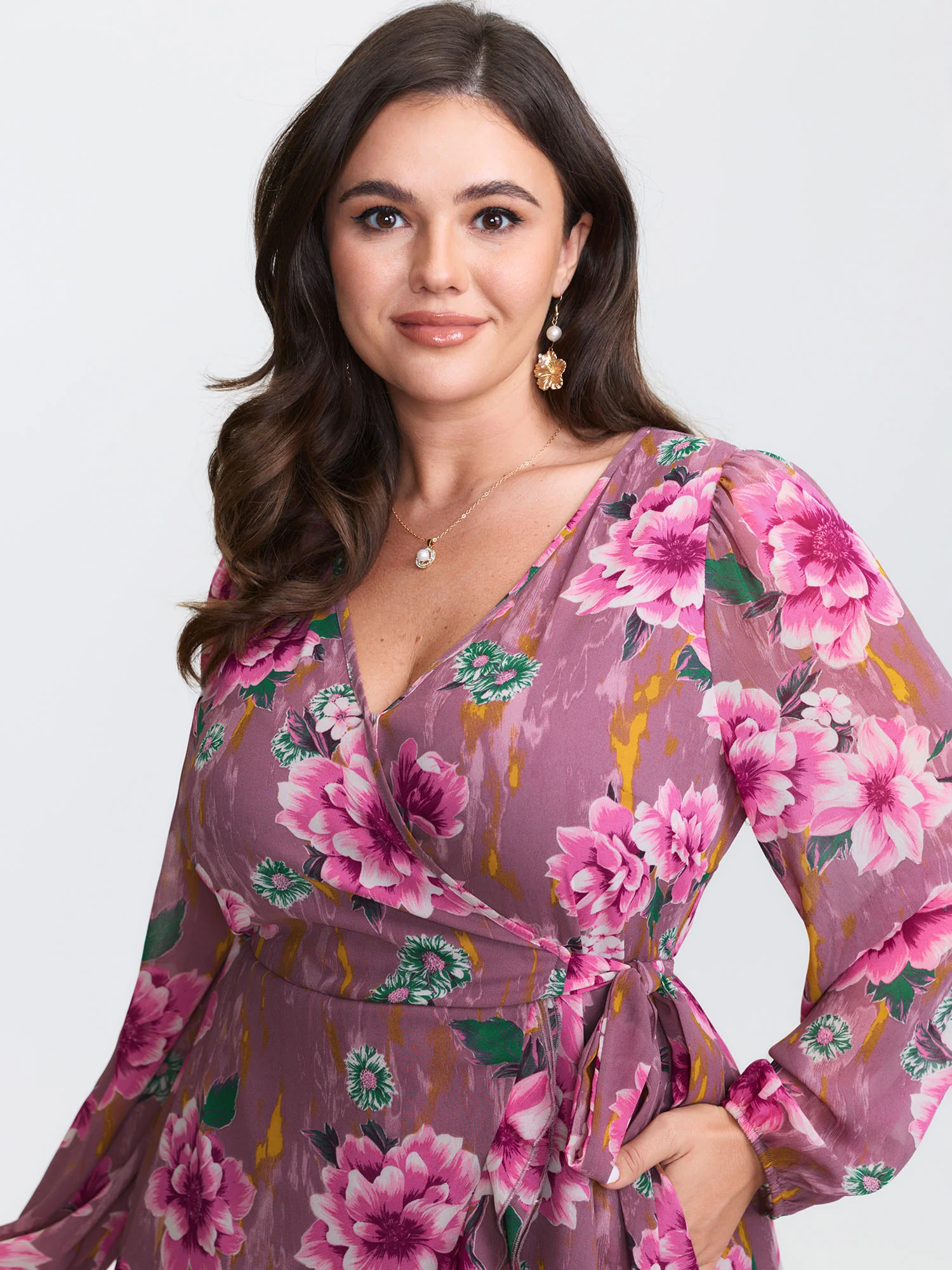 Floral Print Wrap Neckline Pockets Midi Dress - Image 3