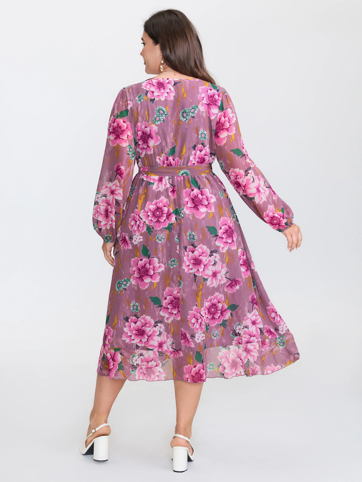 Floral Print Wrap Neckline Pockets Midi Dress - Image 4