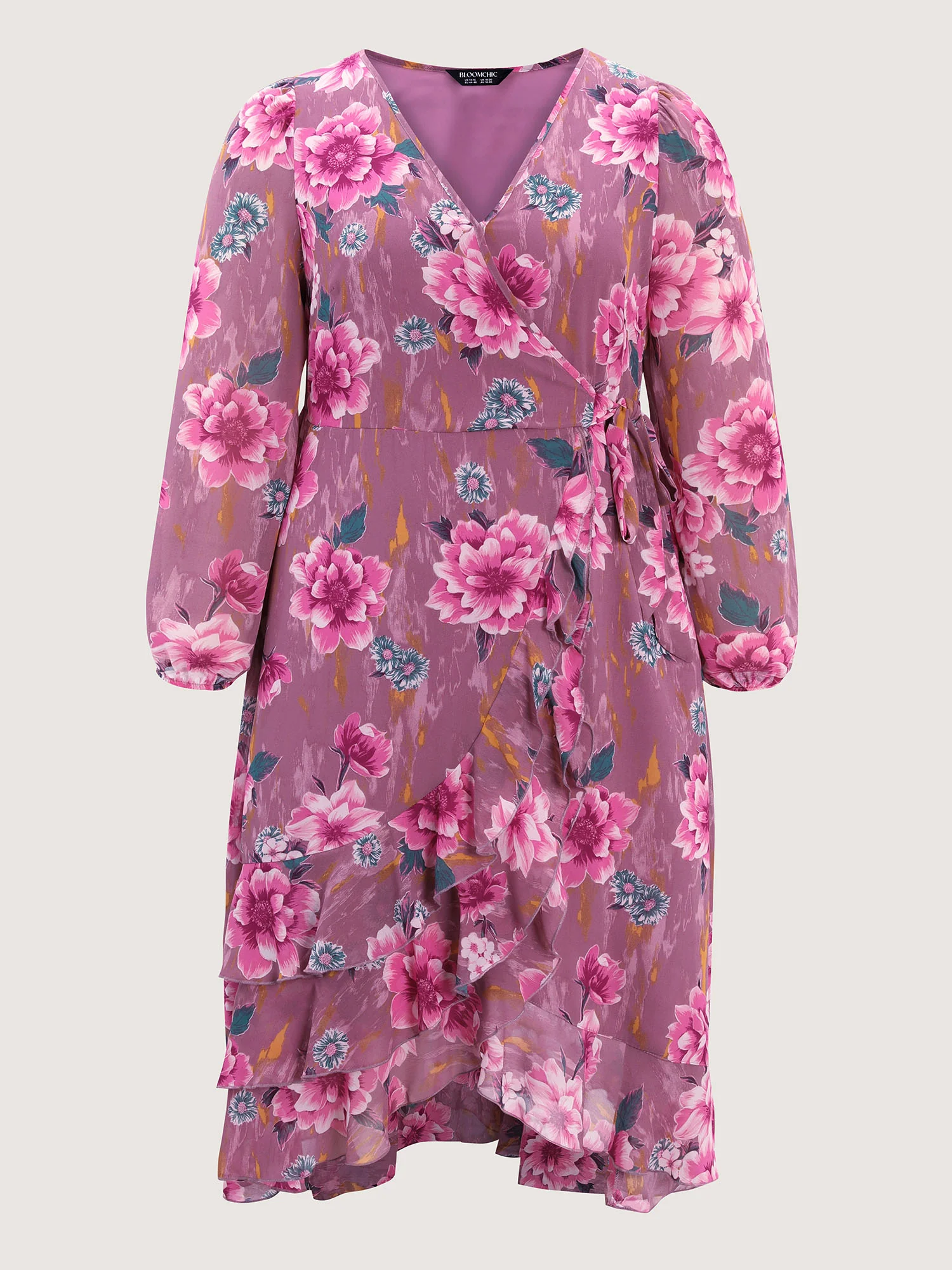 Floral Print Wrap Neckline Pockets Midi Dress - Image 8