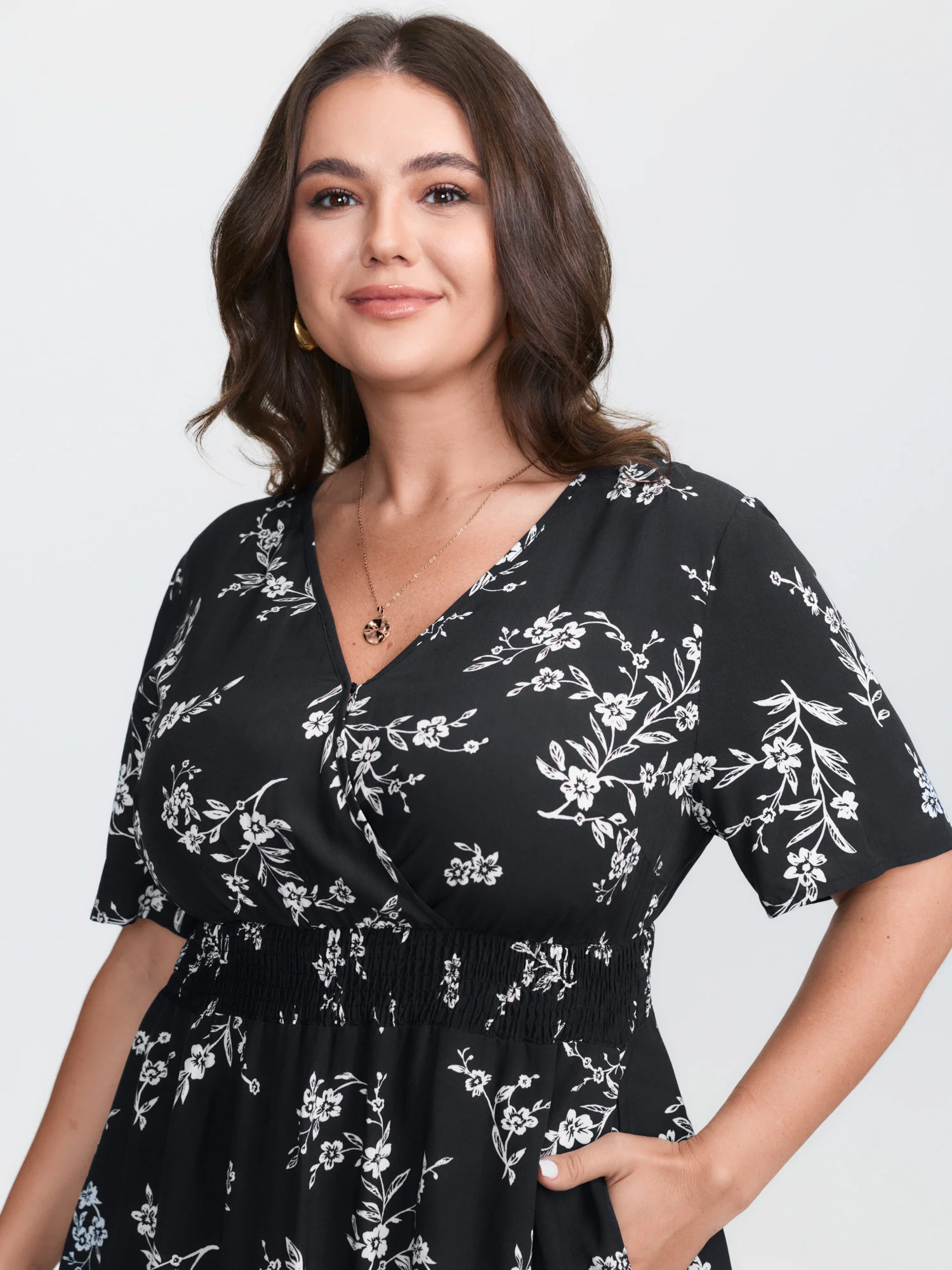 Floral Print Wrap Neckline Shirred Midi Dress - Image 2