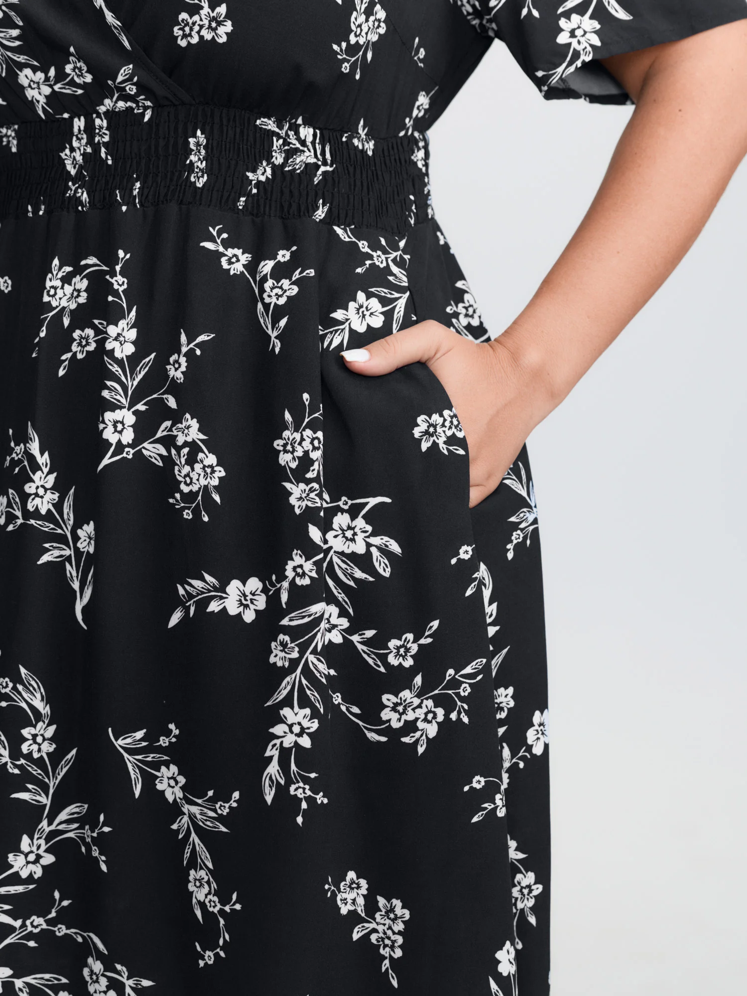 Floral Print Wrap Neckline Shirred Midi Dress - Image 3