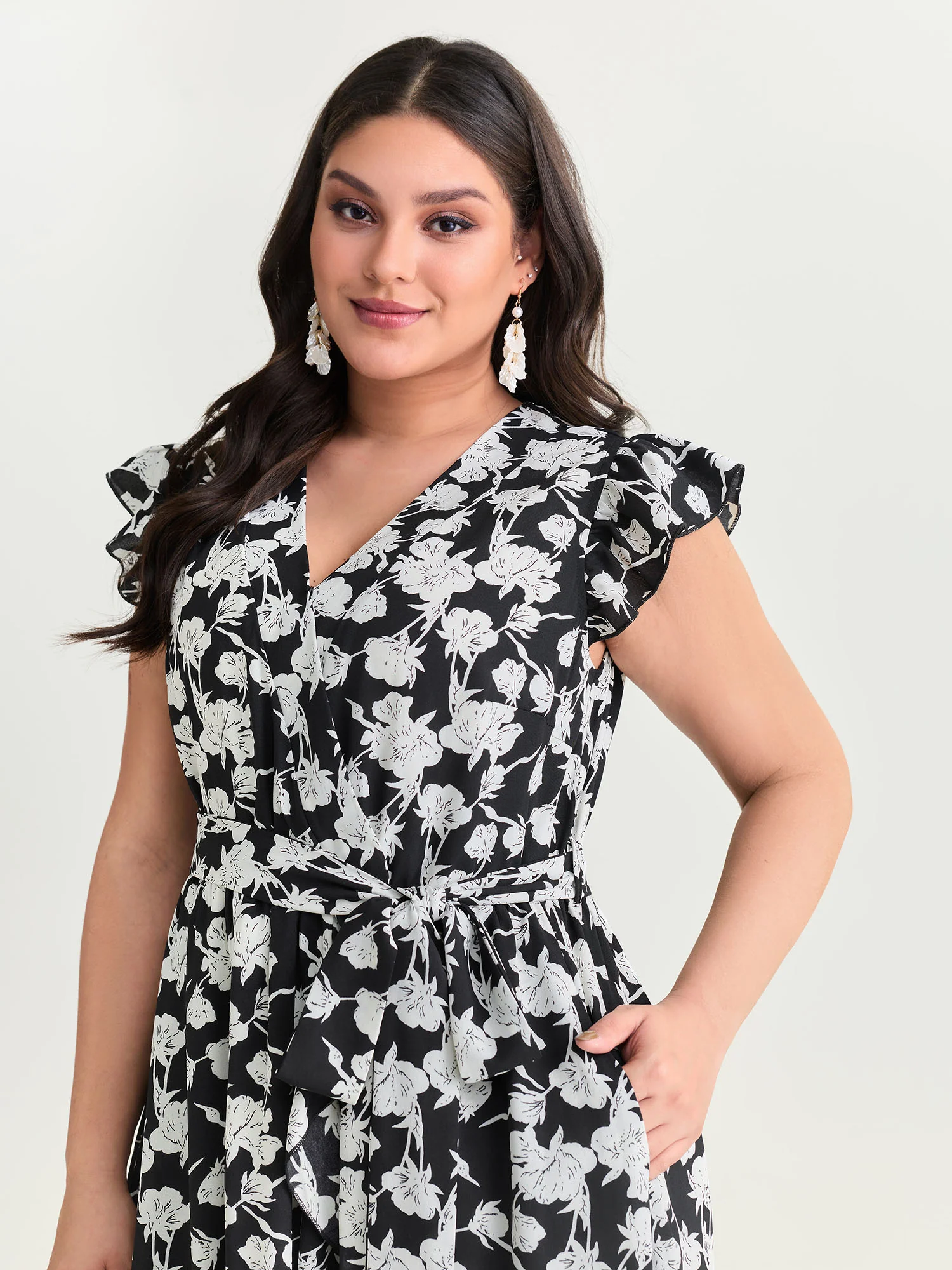 Floral Print Wrap Neckline Side Tie Midi Dress - Image 2