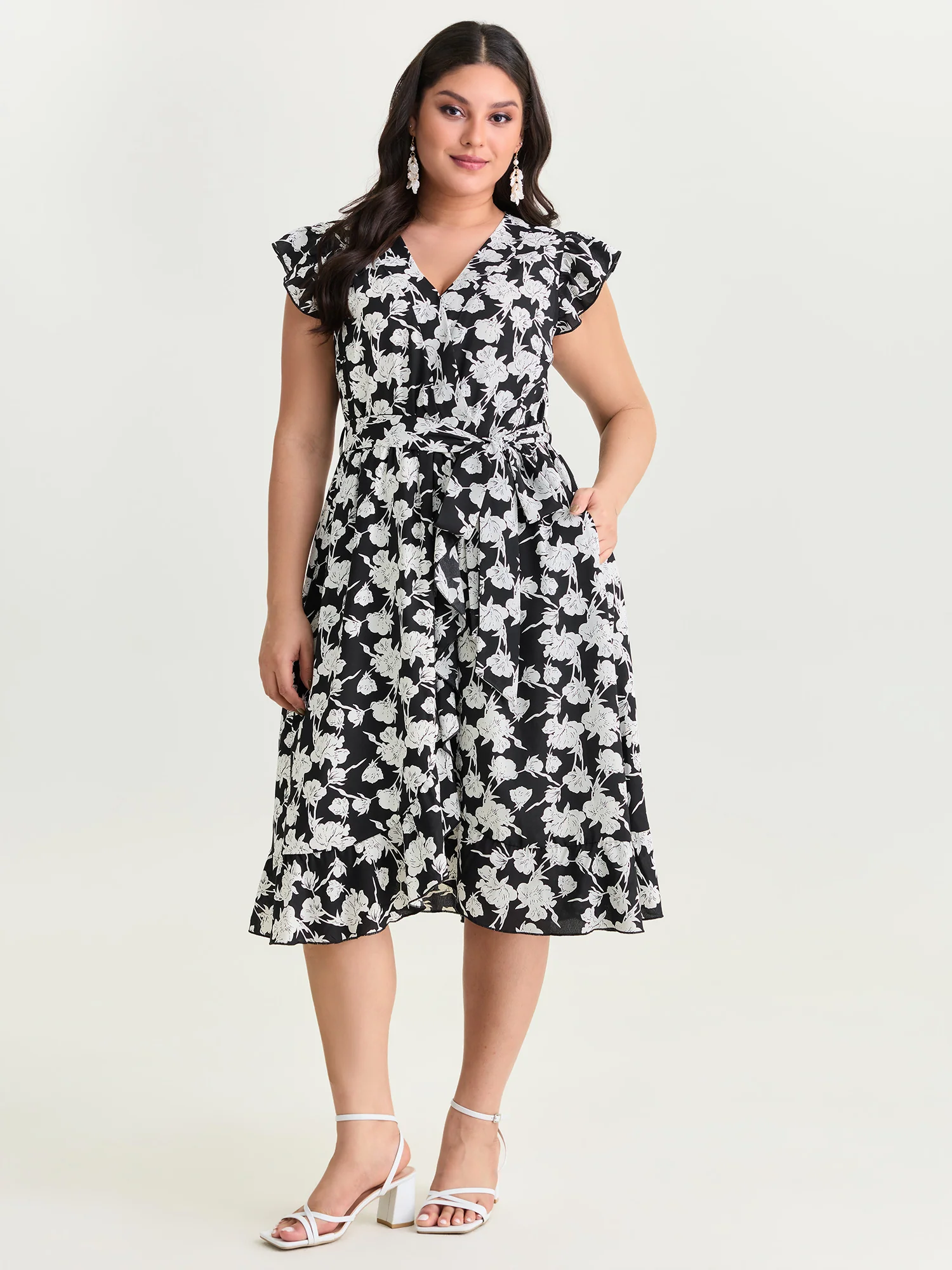 Floral Print Wrap Neckline Side Tie Midi Dress - Image 3