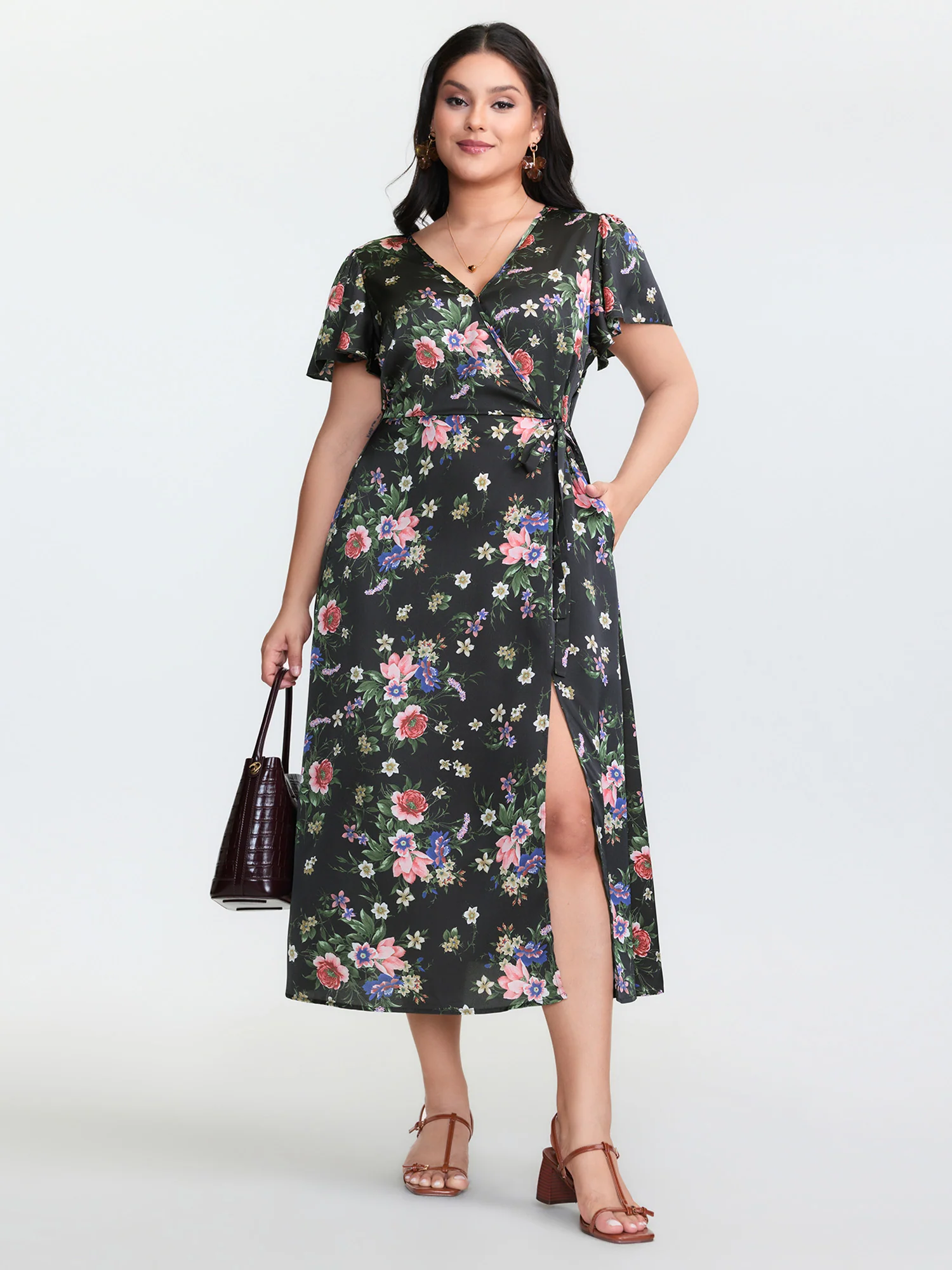 Floral Print Wrap Neckline Slit Maxi Dress - Image 3