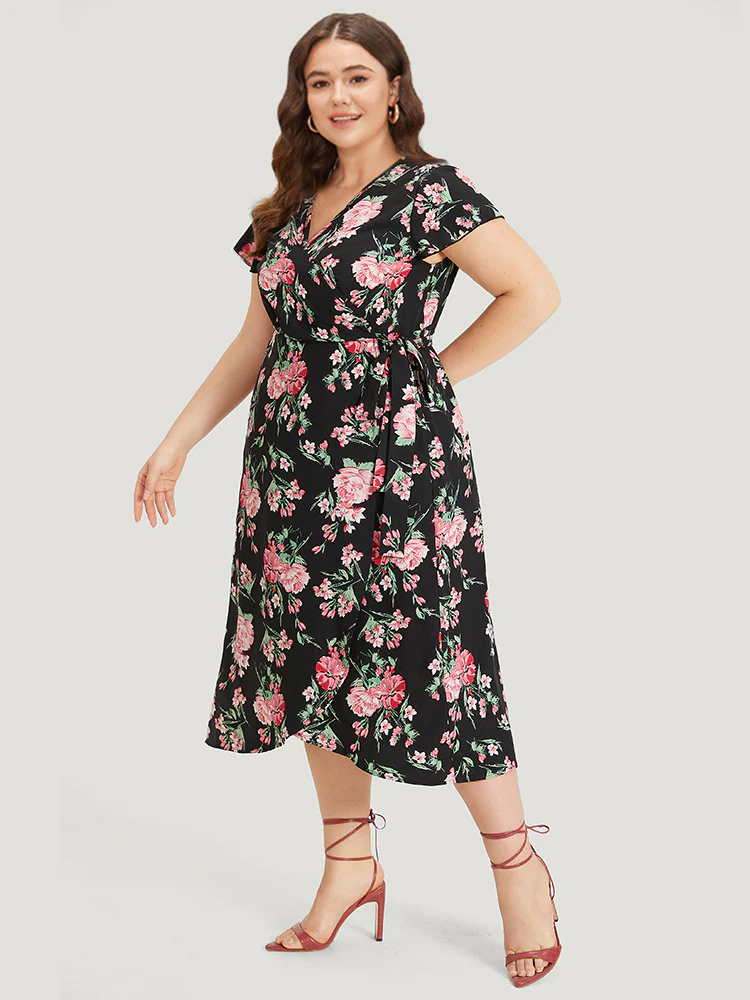 Floral Print Wrap Pocket Knot Asymmetrical Hem Dress - Image 2