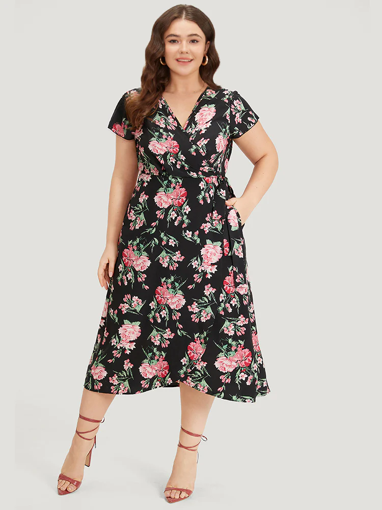 Floral Print Wrap Pocket Knot Asymmetrical Hem Dress - Image 3