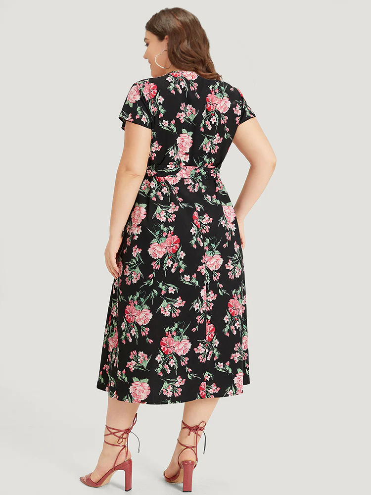 Floral Print Wrap Pocket Knot Asymmetrical Hem Dress - Image 4