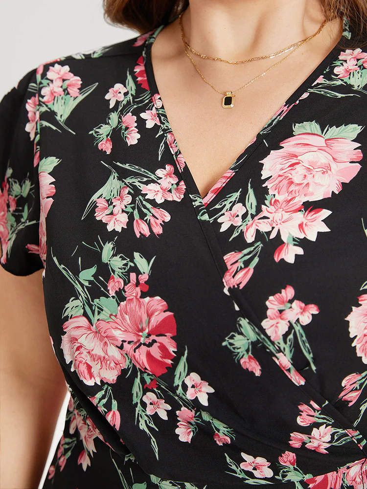 Floral Print Wrap Pocket Knot Asymmetrical Hem Dress - Image 5