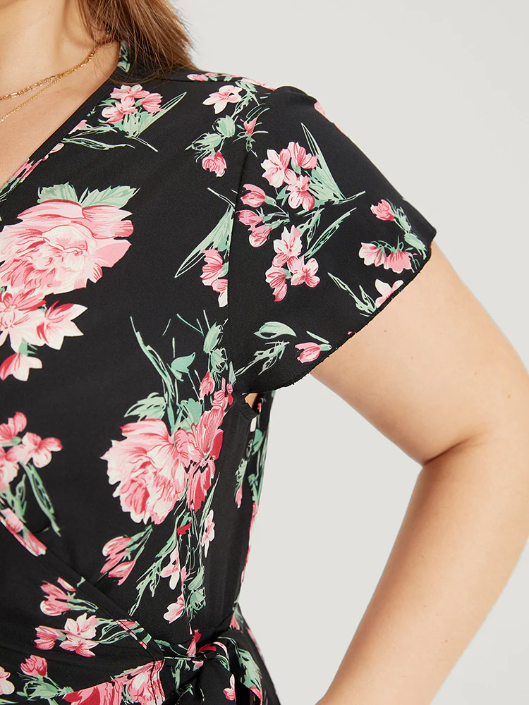 Floral Print Wrap Pocket Knot Asymmetrical Hem Dress - Image 6