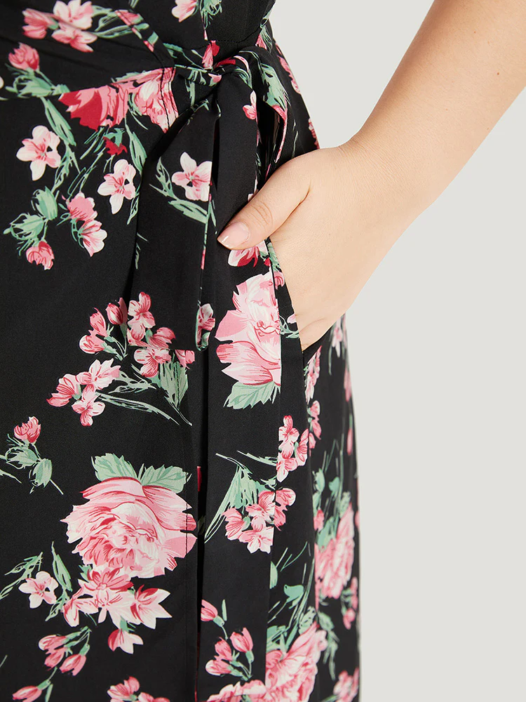 Floral Print Wrap Pocket Knot Asymmetrical Hem Dress - Image 7
