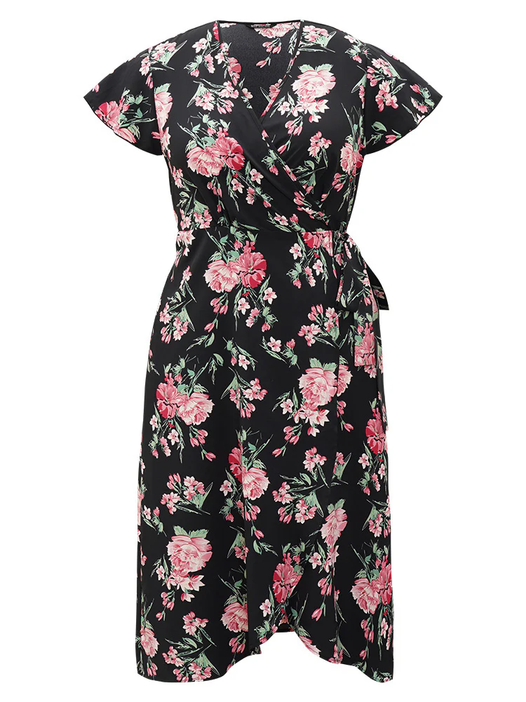 Floral Print Wrap Pocket Knot Asymmetrical Hem Dress - Image 8