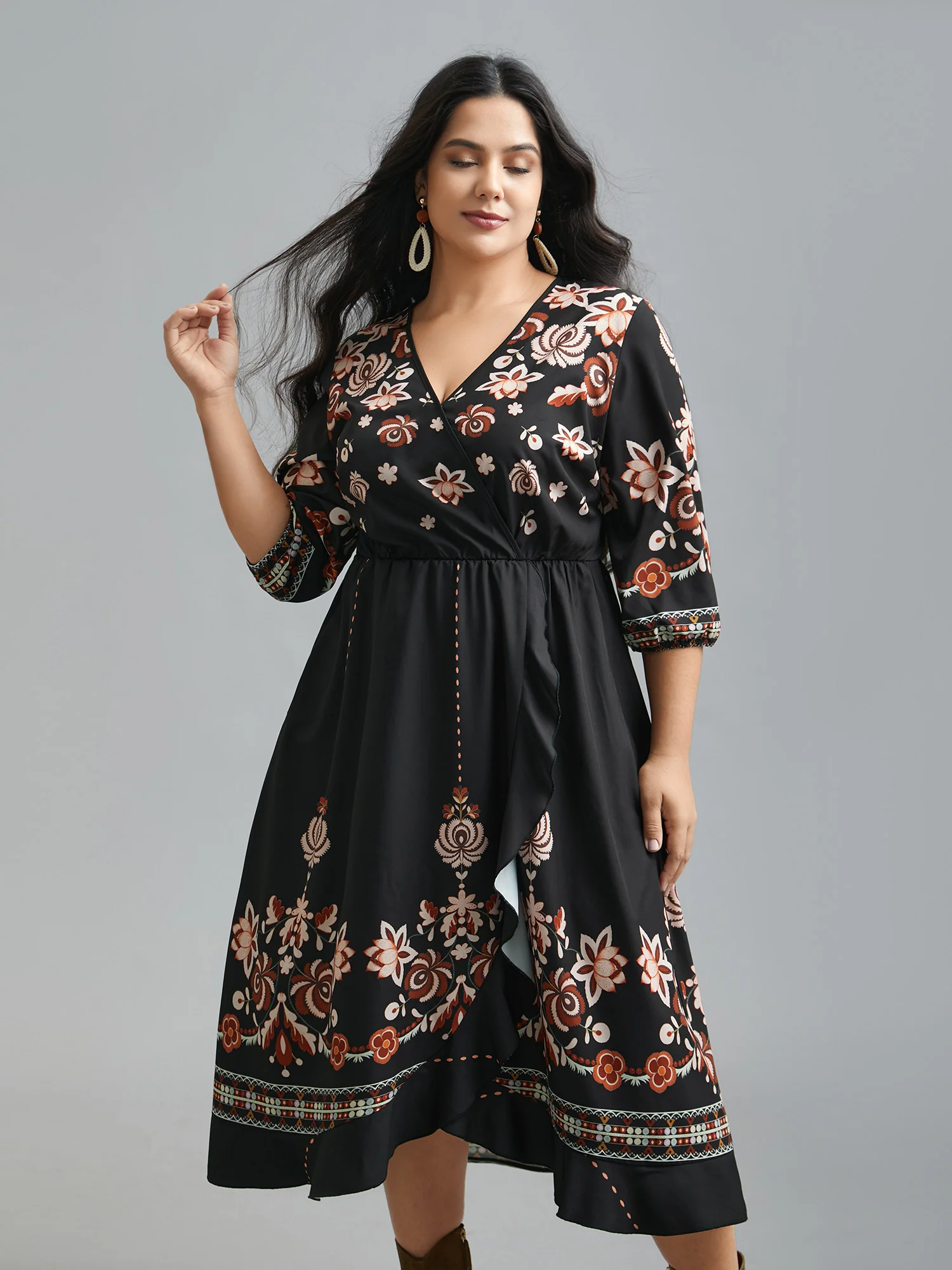 Floral Print Wrap Ruffled Hem Dress - Image 2